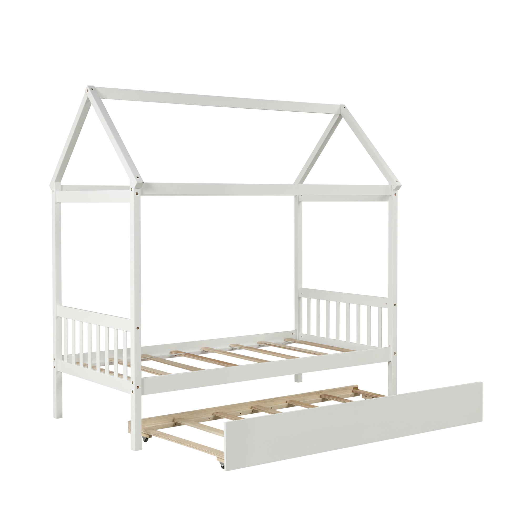 Solid Wood Twin House Bed Frame With Twin Size Trundle For White Color, No Box Spring Needed White Pine