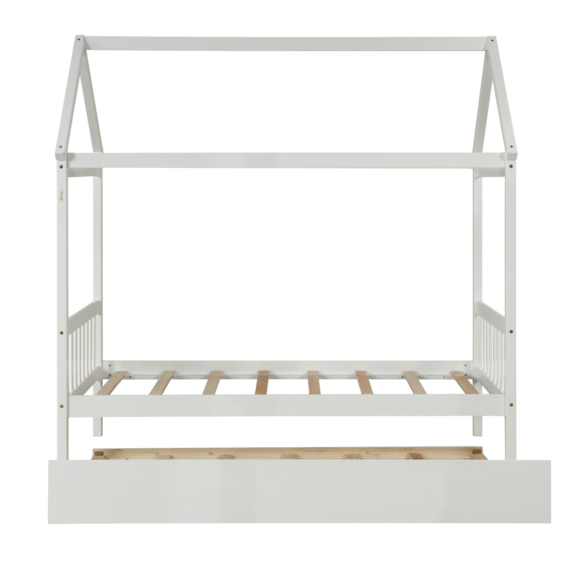 Solid Wood Twin House Bed Frame With Twin Size Trundle For White Color, No Box Spring Needed White Pine