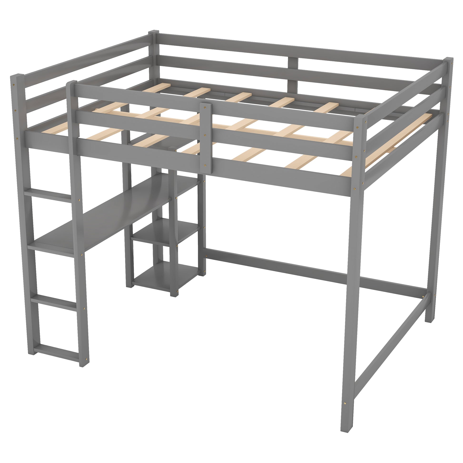 Full Size Loft Bed With Built In Desk And Shelves,Gray Gray Pine