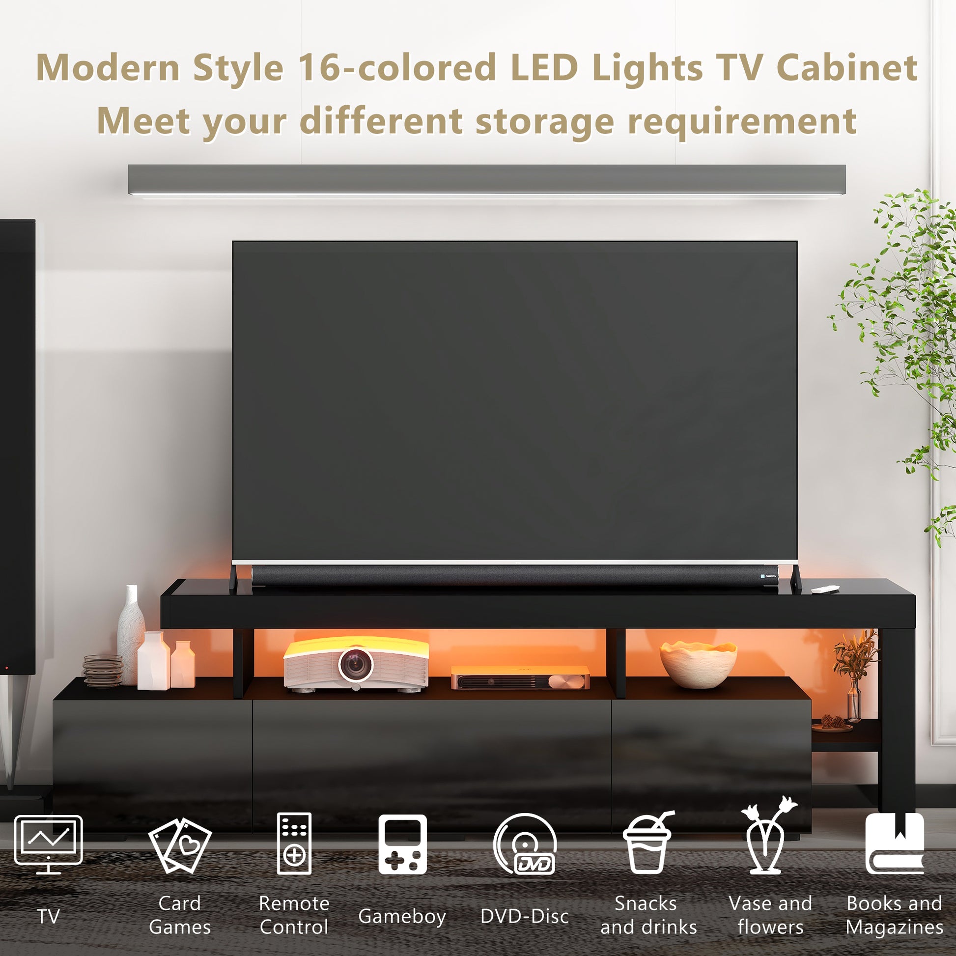 Modern Style 16 Colored Led Lights Tv Cabinet, Uv High Gloss Surface Entertainment Center With Dvd Shelf, Up To 70 Inch Tv, Black Black Particle Board