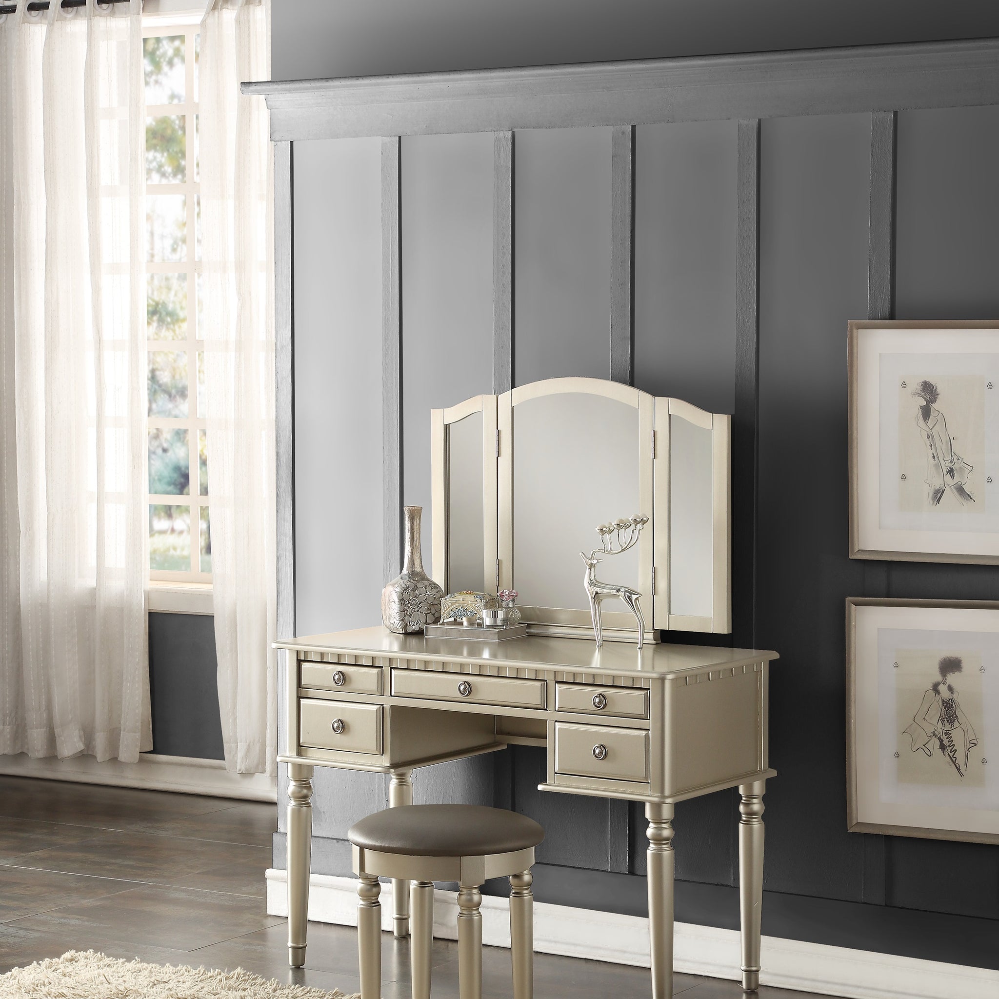 Bedroom Contemporary Vanity Set W Foldable Mirror Stool Drawers Silver Color Silver Gray Bedroom Classic,Contemporary Rubberwood Solid Wood