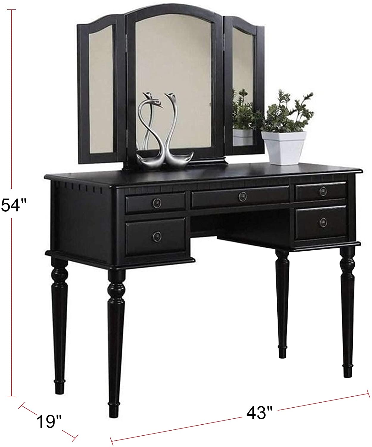 Bedroom Contemporary Vanity Set W Foldable Mirror Stool Drawers Black Color Black Vanity Stools Bedroom Round White Classic,Contemporary Padded Seat Rubberwood Solid Wood