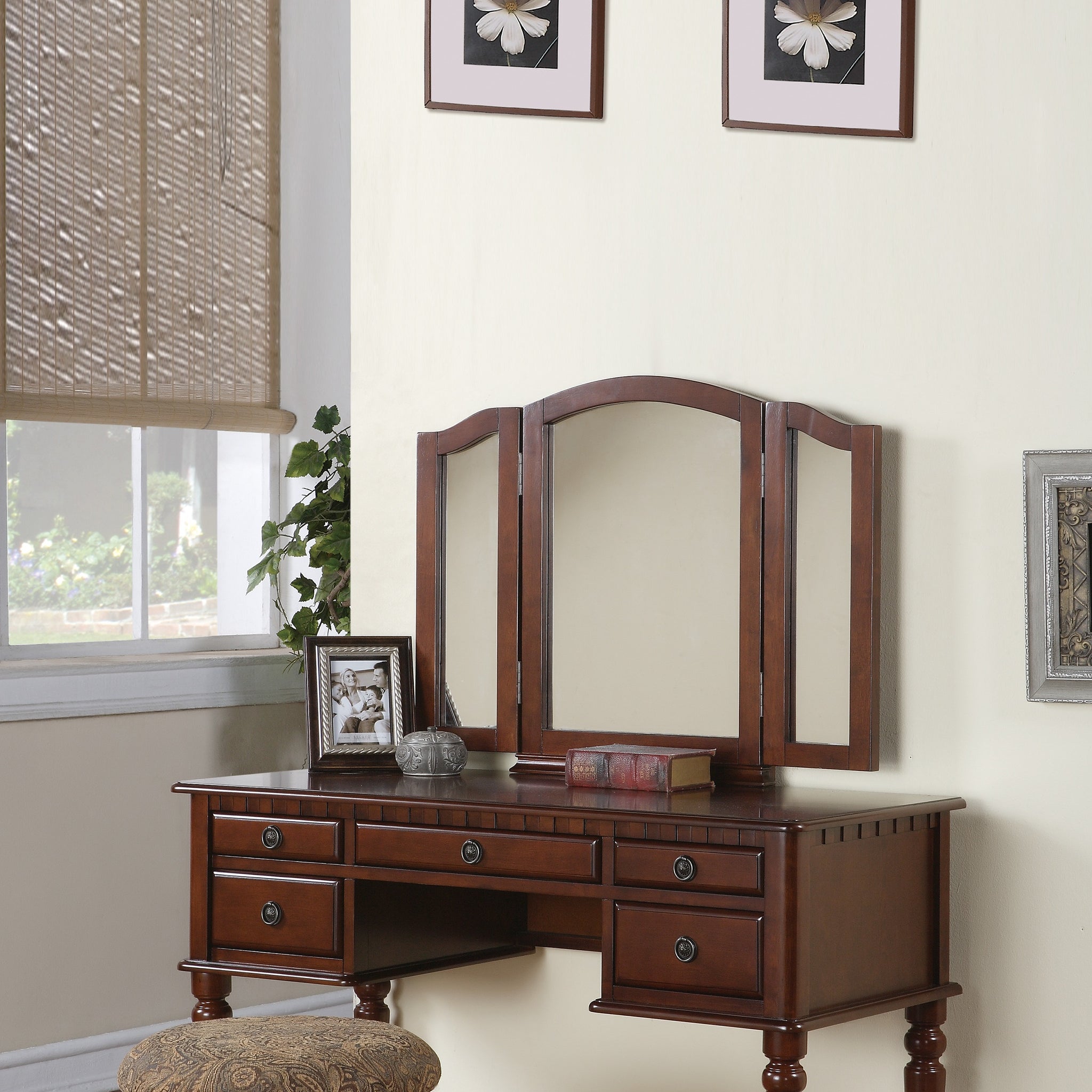 Bedroom Contemporary Vanity Set W Foldable Mirror Stool Drawers Cherry Color Cherry Brown Bedroom Classic,Contemporary,Modern Rubberwood Solid Wood
