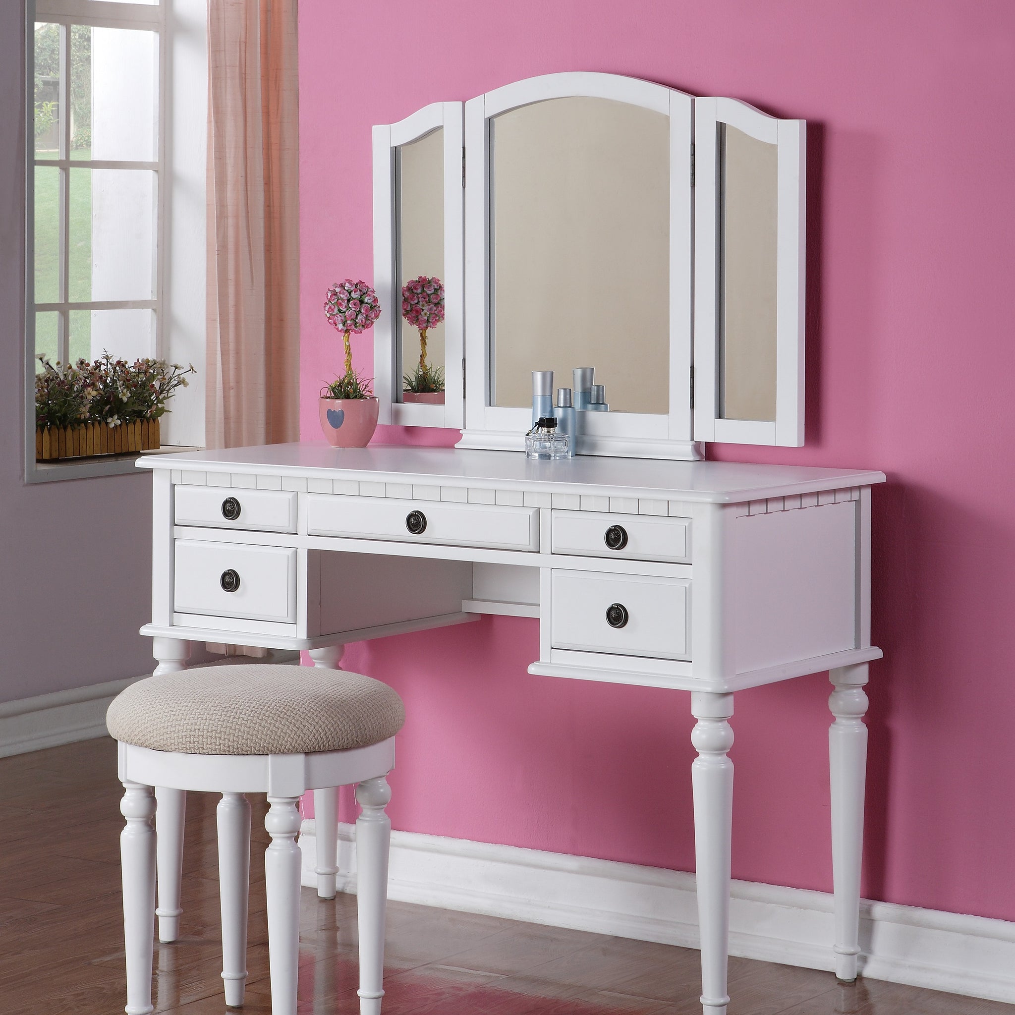 Bedroom Contemporary Vanity Set W Foldable Mirror Stool Drawers White Color White White Bedroom Classic,Contemporary Rubberwood Solid Wood