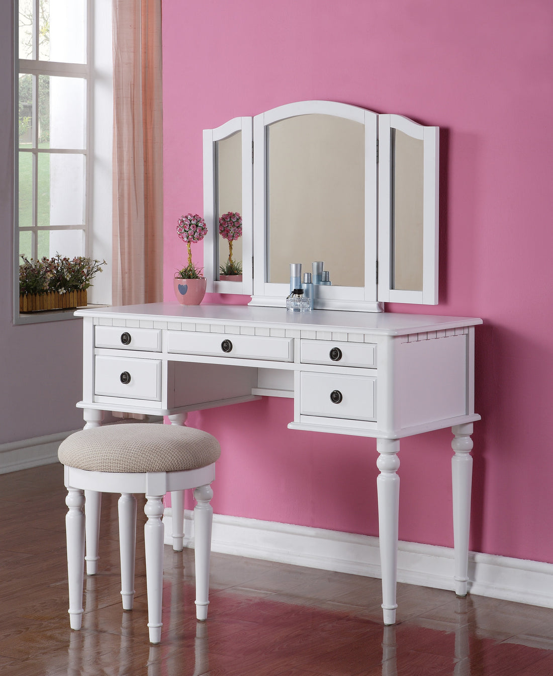 Bedroom Contemporary Vanity Set W Foldable Mirror Stool Drawers White Color White White Bedroom Classic,Contemporary Rubberwood Solid Wood