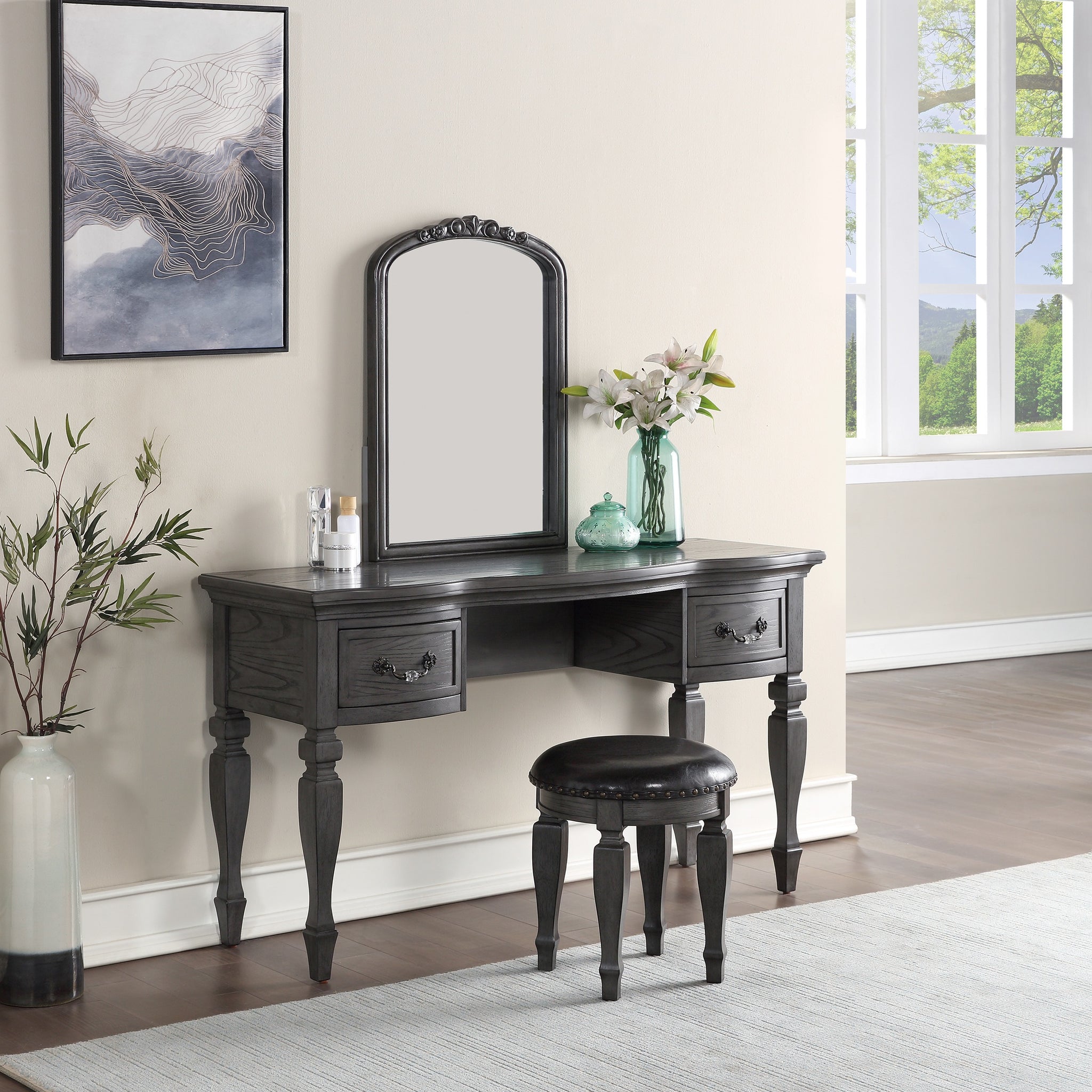 Bedroom Classic Vanity Set Wooden Carved Mirror Stool Drawers Antique Grey Finish Grey Bedroom Classic,Contemporary,Luxury Rubberwood Solid Wood