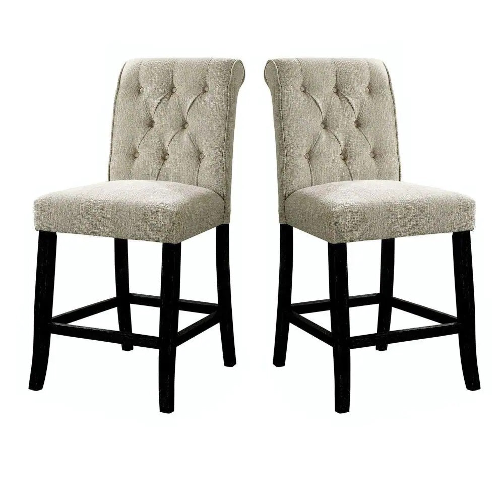 Dining Room Furniture Rustic Style Set Of 2 Counter Height Chairs Beige Chenille Fabric Upholstered Tufted Kitchen Breakfast Beige Dining Room Rustic,Transitional Side Chair Tufted Back Solid Wood