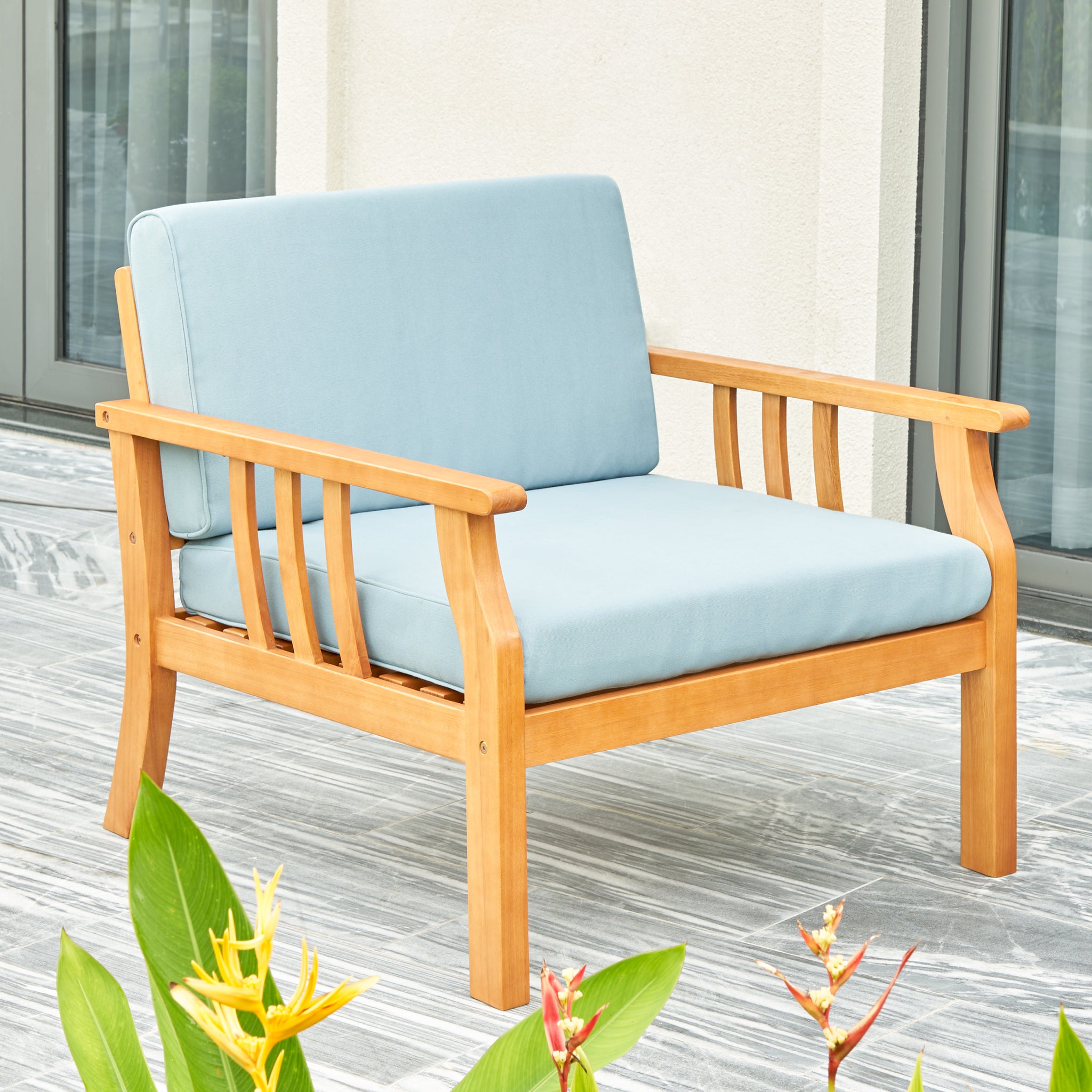 Kapalua Honey Nautical Curve Eucalyptus Wooden Outdoor Sofa Chair With Cushion Teak Solid Wood