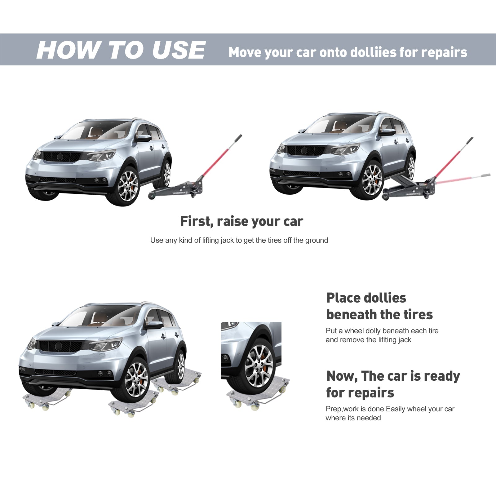 Car Dolly, Heavy Duty Wheel Dolly,4 Tire Wheel Dolly Car Stakes 6000Lbs Capacity Gray Metal