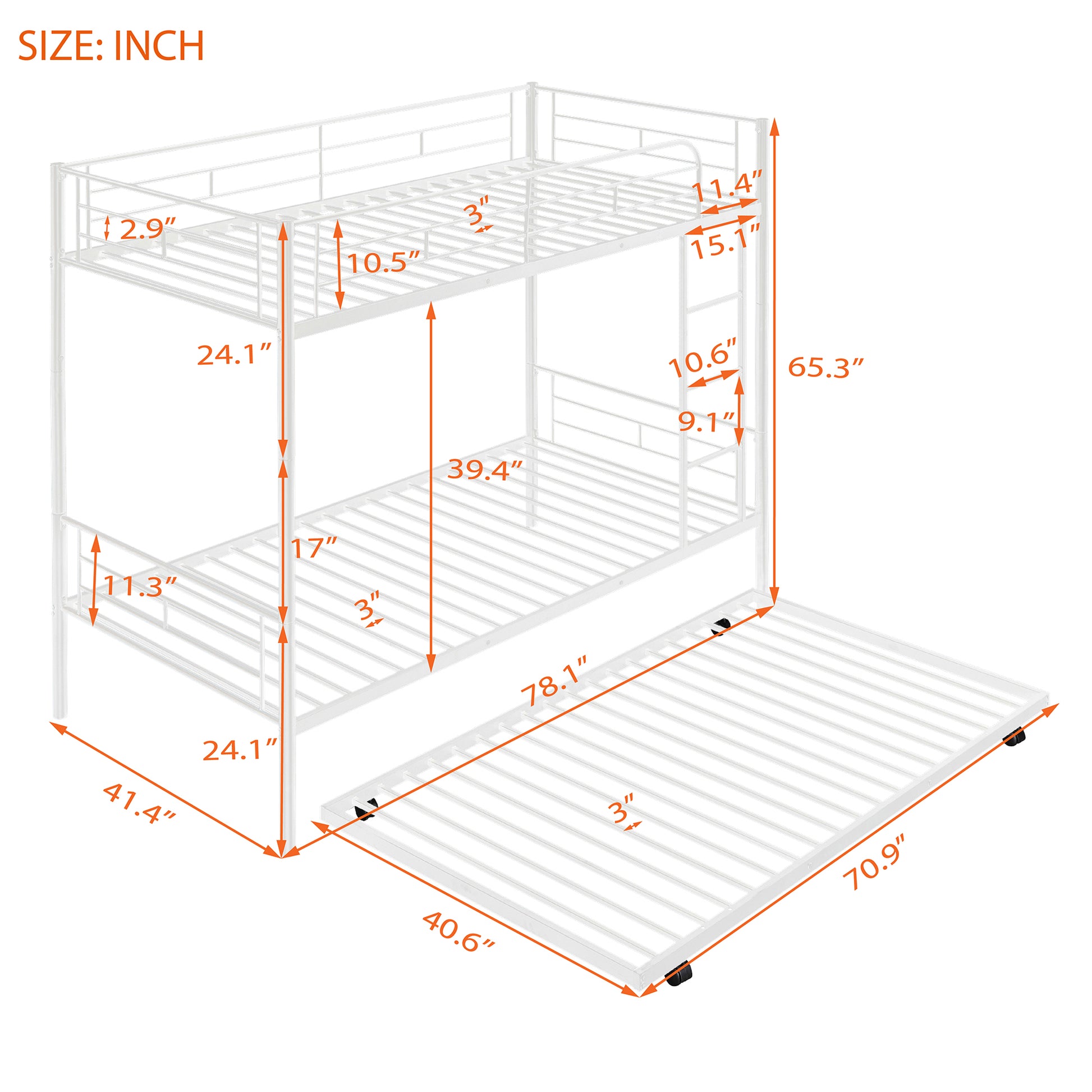 Twin Over Twin Metal Bunk Bed With Trundle,Can Be Divided Into Two Beds,No Box Spring Needed ,White Old Sku: Mf194806Aak White Metal