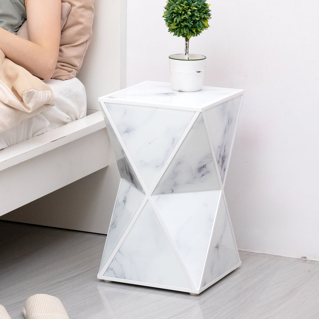 Geometry End Table, Glass Nightstand, Marble Table, White Table For Bedroom Living Room White Glass