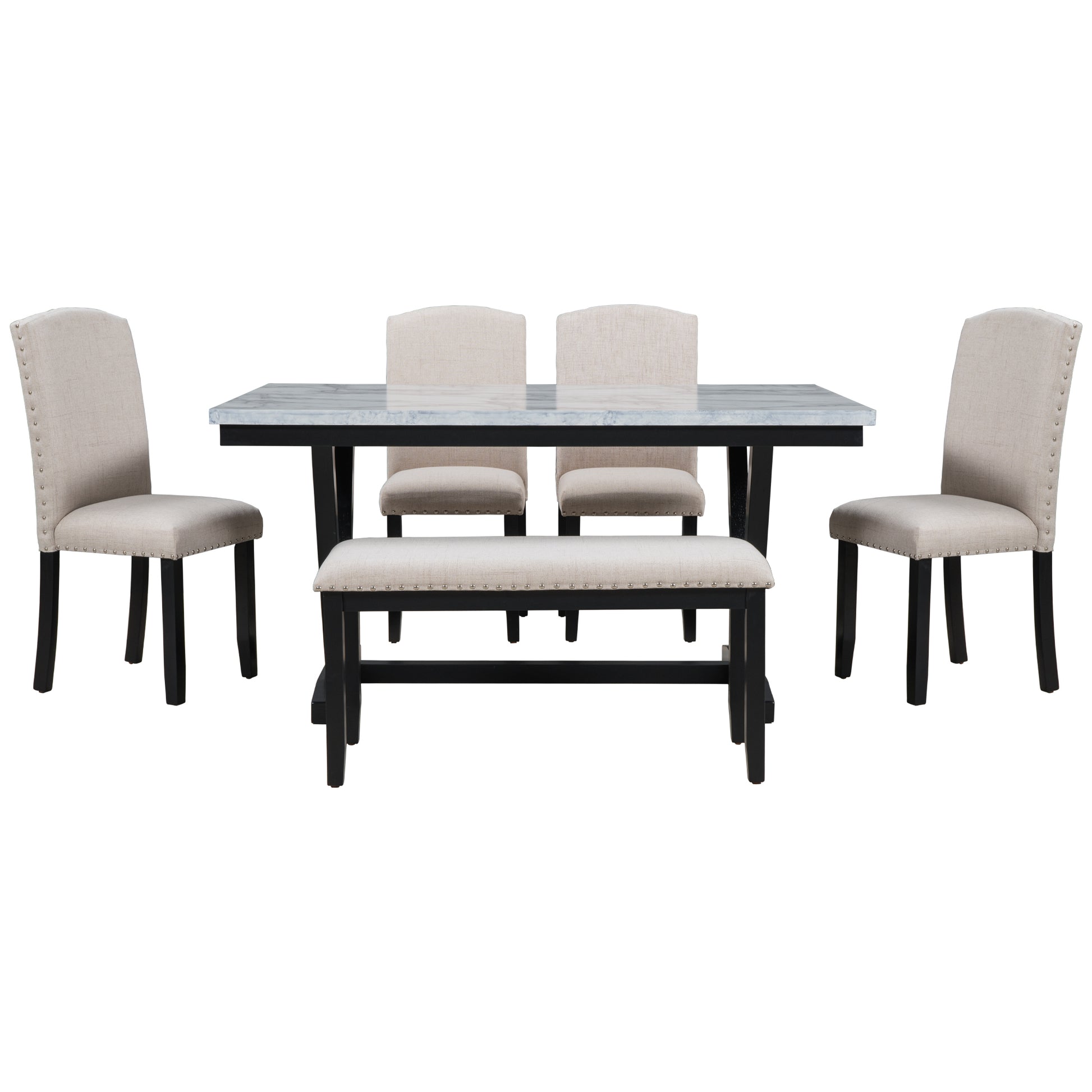 Modern Style 6 Piece Dining Table With 4 Chairs & 1 Bench, Table With Marbled Veneers Tabletop And V Shaped Table Legs White White Solid Wood