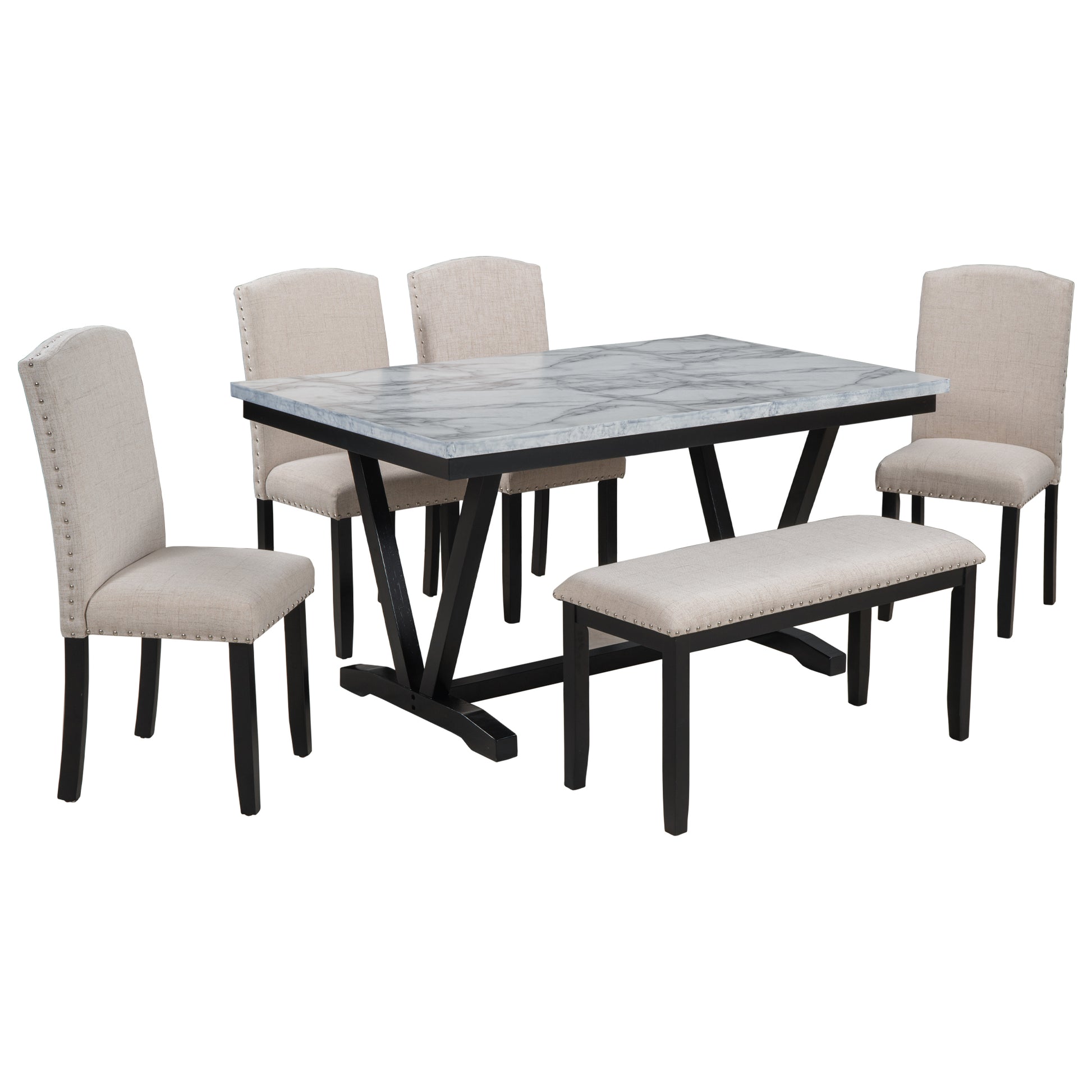Modern Style 6 Piece Dining Table With 4 Chairs & 1 Bench, Table With Marbled Veneers Tabletop And V Shaped Table Legs White White Solid Wood