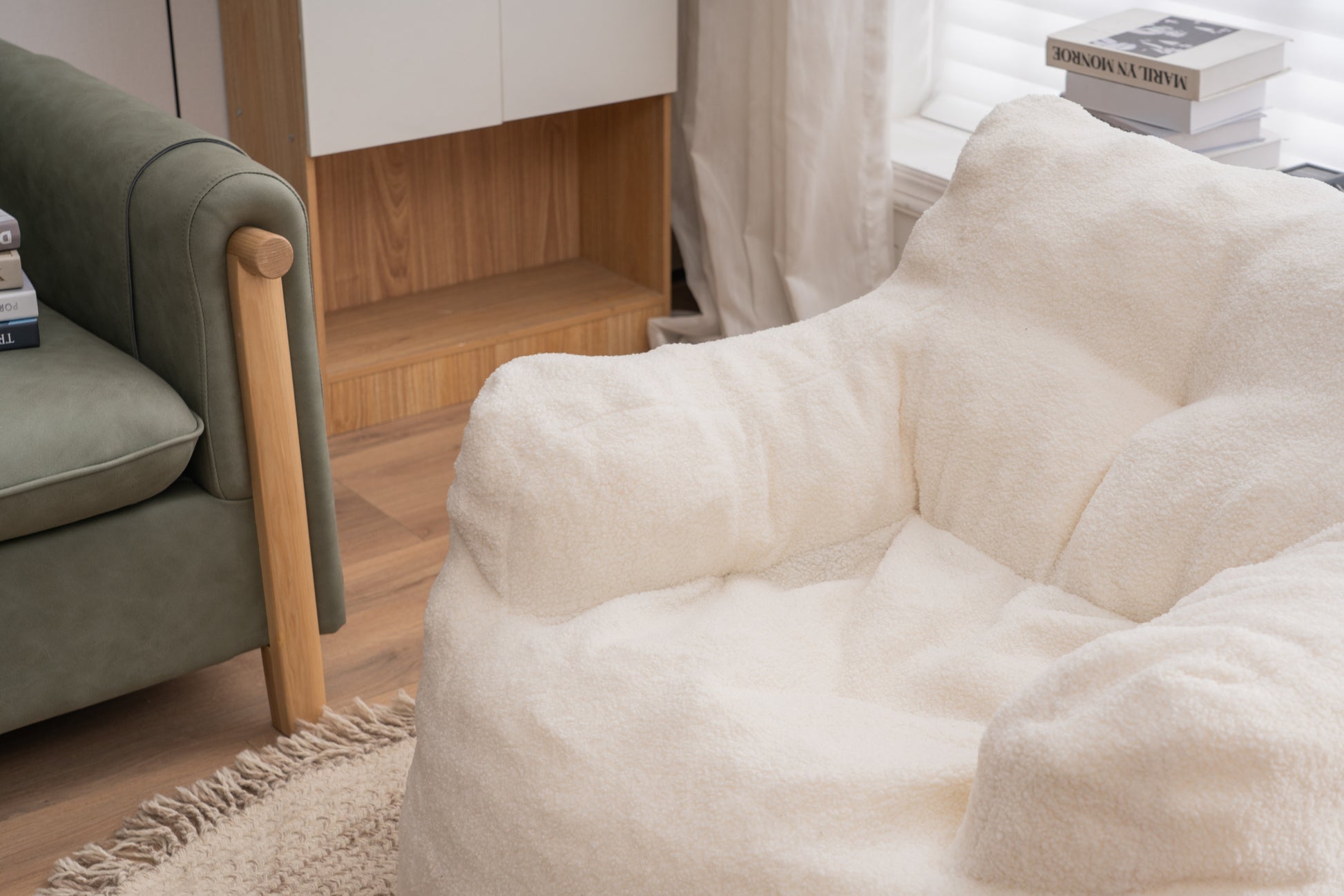 010 Soft Teddy Fabric Tufted Foam Bean Bag Chair With Teddy Fabric Ivory White Ivory Primary Living Space Soft Modern Foam Teddy