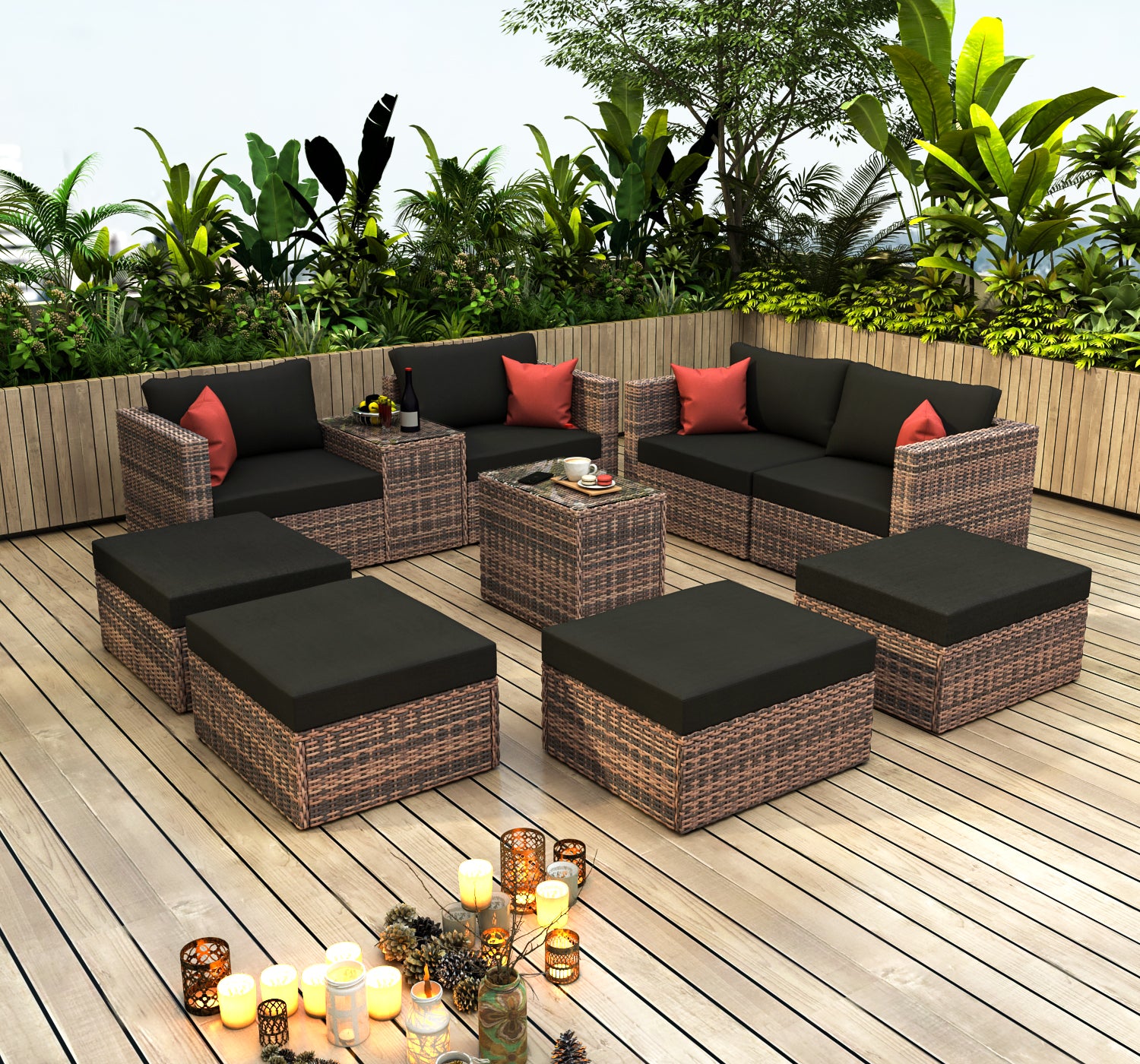 10 Pieces Outdoor Patio Garden Brown Wicker Sectional Conversation Sofa Set With Black Cushions And Red Pillows,W Furniture Protection Cover Yes Brown Seats 8 Mildew Resistant Frame Garden & Outdoor American Design Sectional Seating Groups Wicker Metal