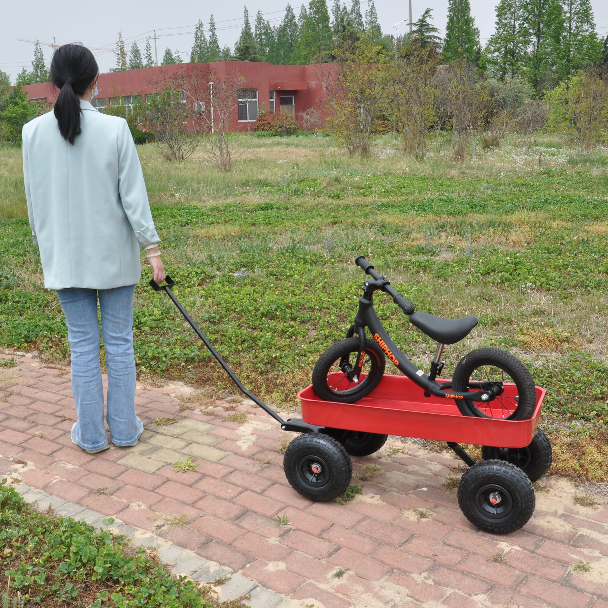 Outdoor Wagon All Terrain Pulling Air Tires Children Kid Garden Red Steel