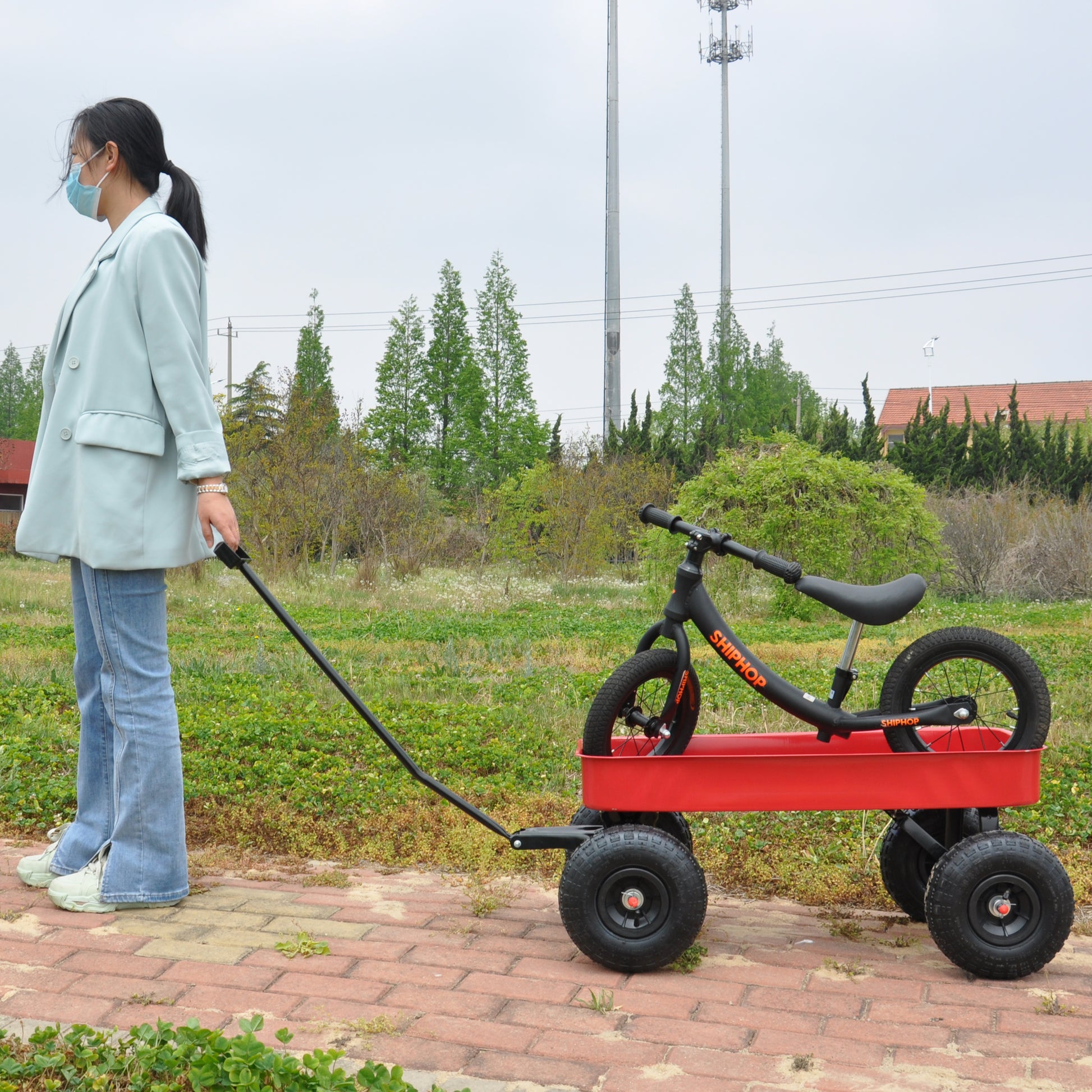 Outdoor Wagon All Terrain Pulling Air Tires Children Kid Garden Red Steel