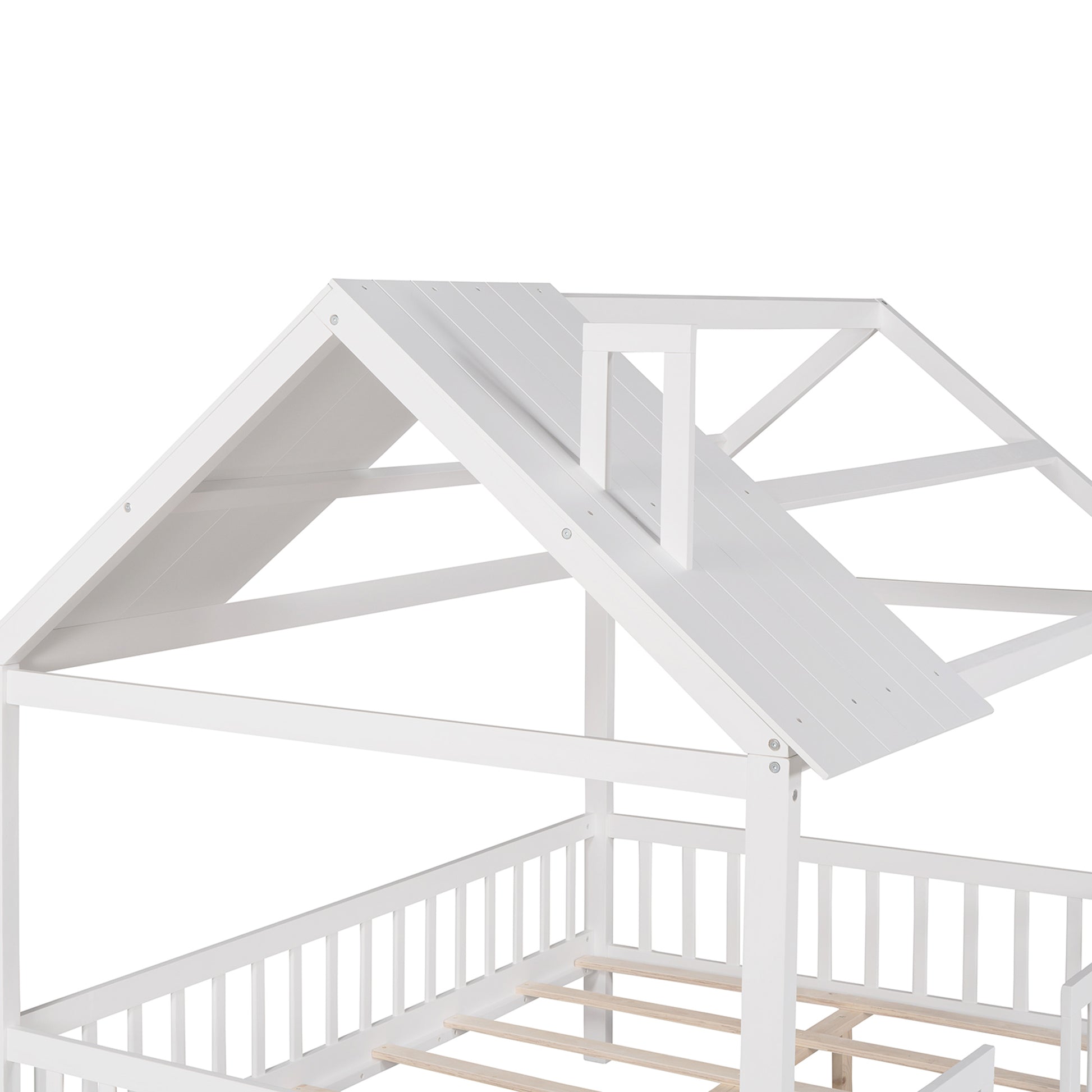 Full Size Wood House Bed With Fence, White White Solid Wood