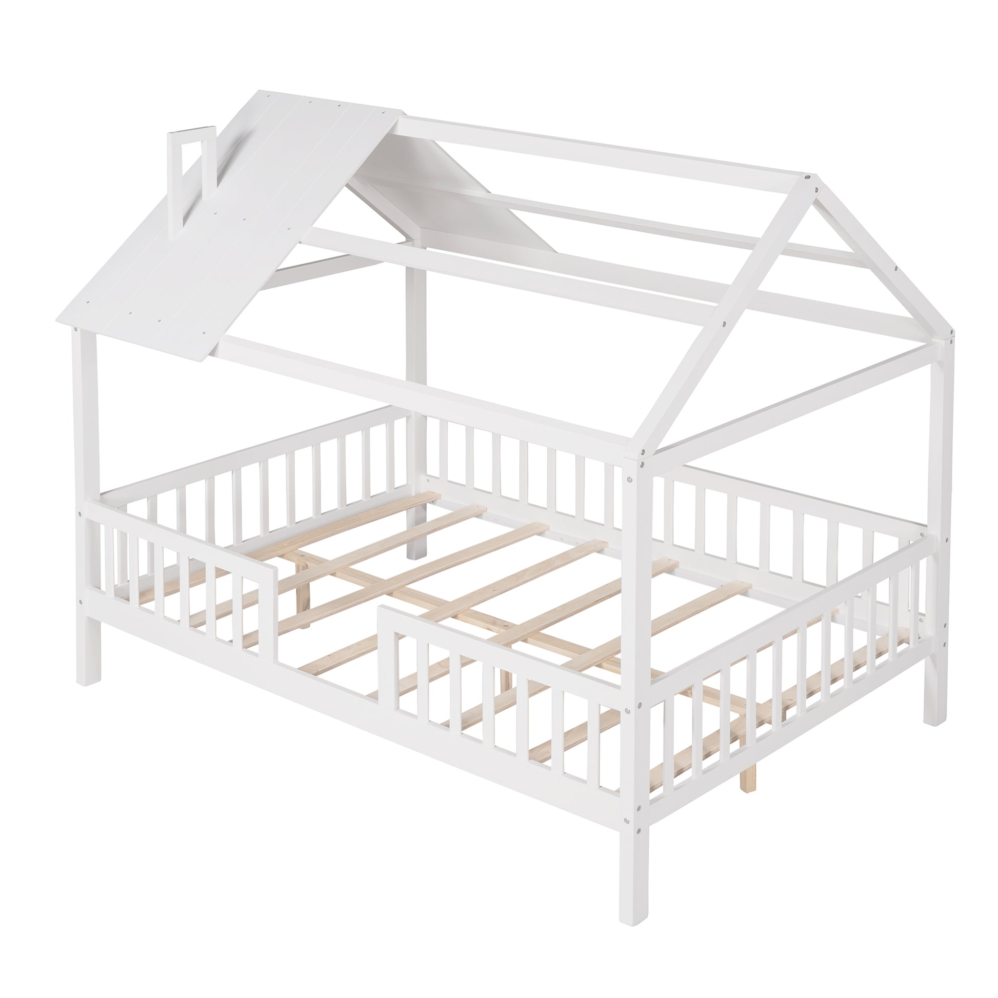 Full Size Wood House Bed With Fence, White White Solid Wood