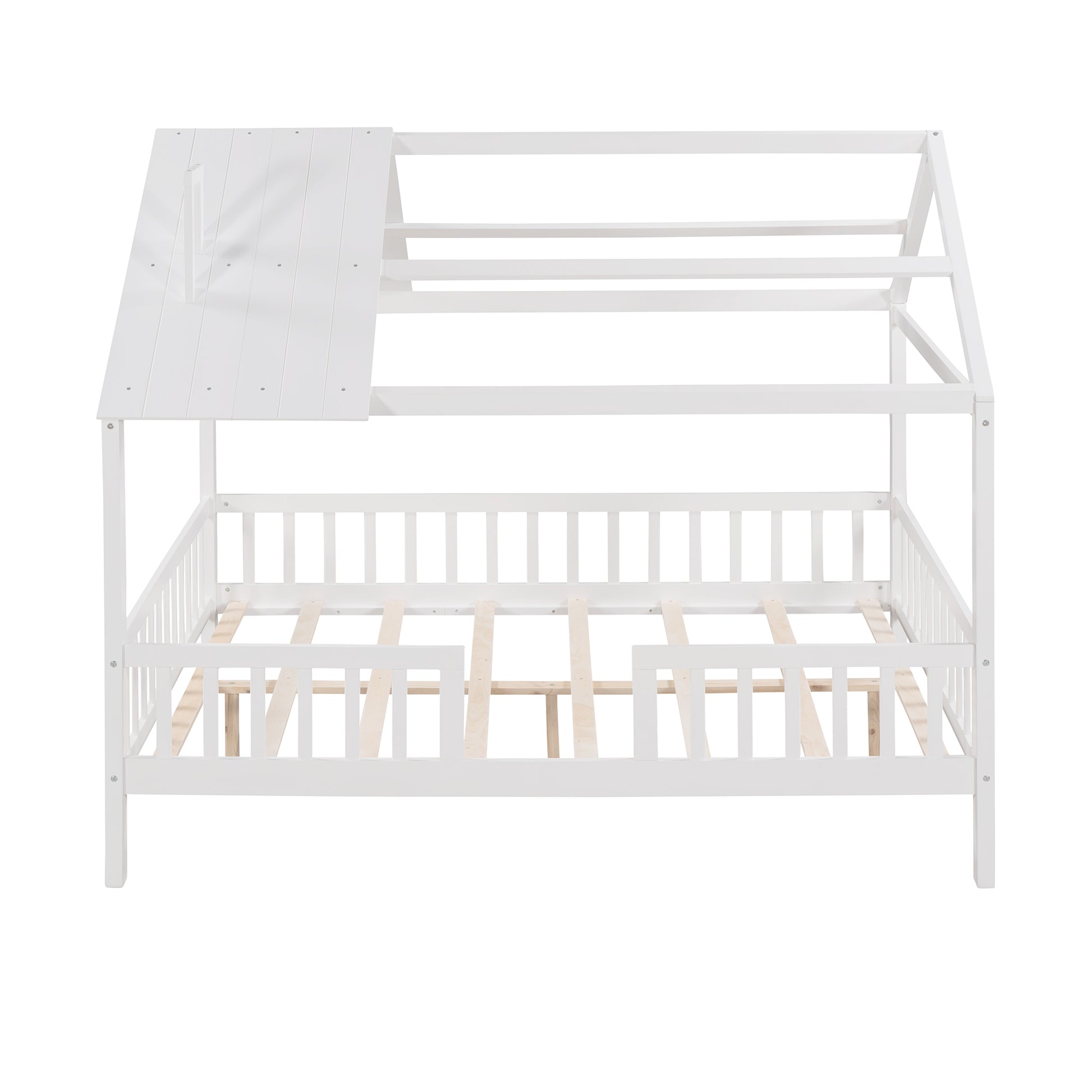 Full Size Wood House Bed With Fence, White White Solid Wood