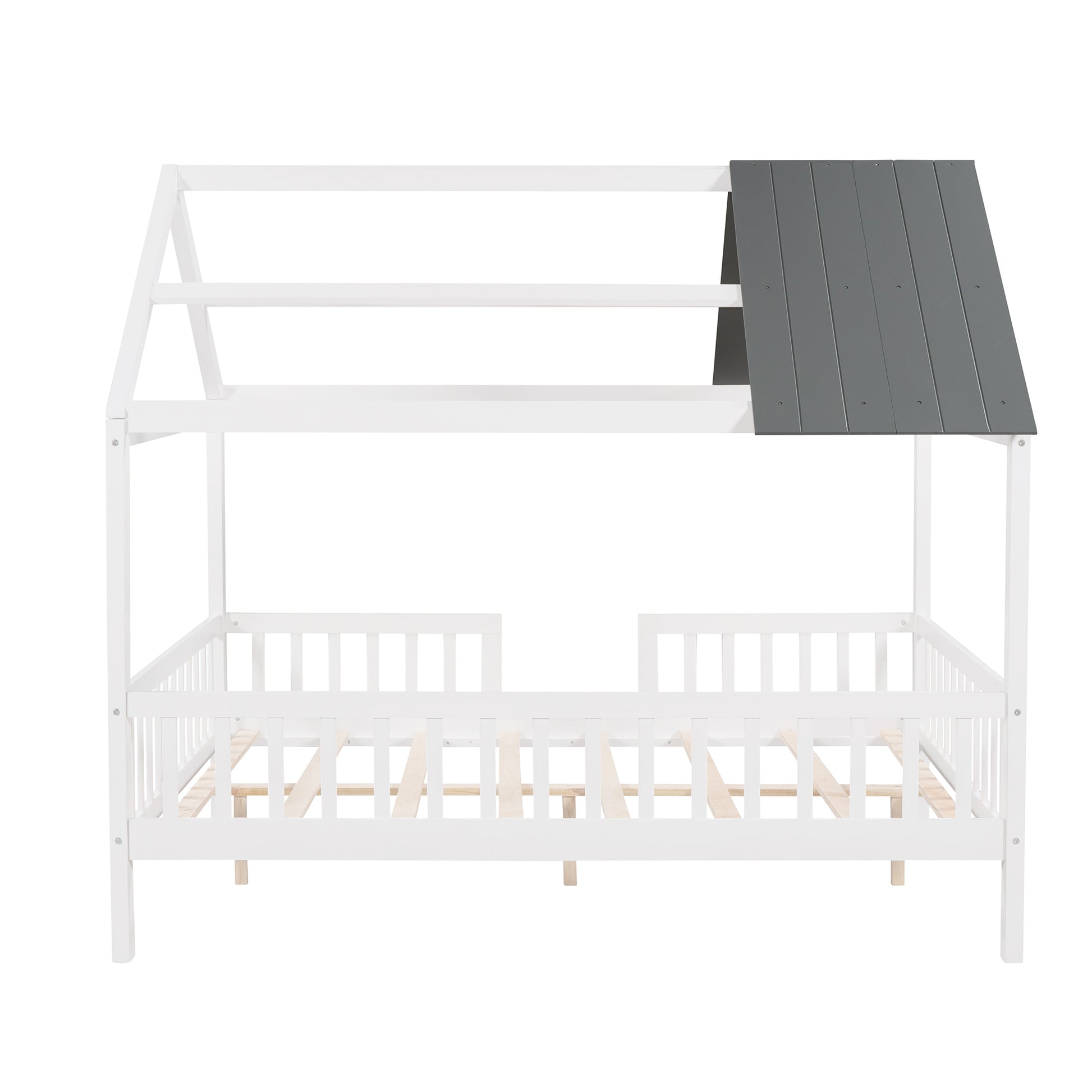 Full Size Wood House Bed With Fence, White Gray White Solid Wood