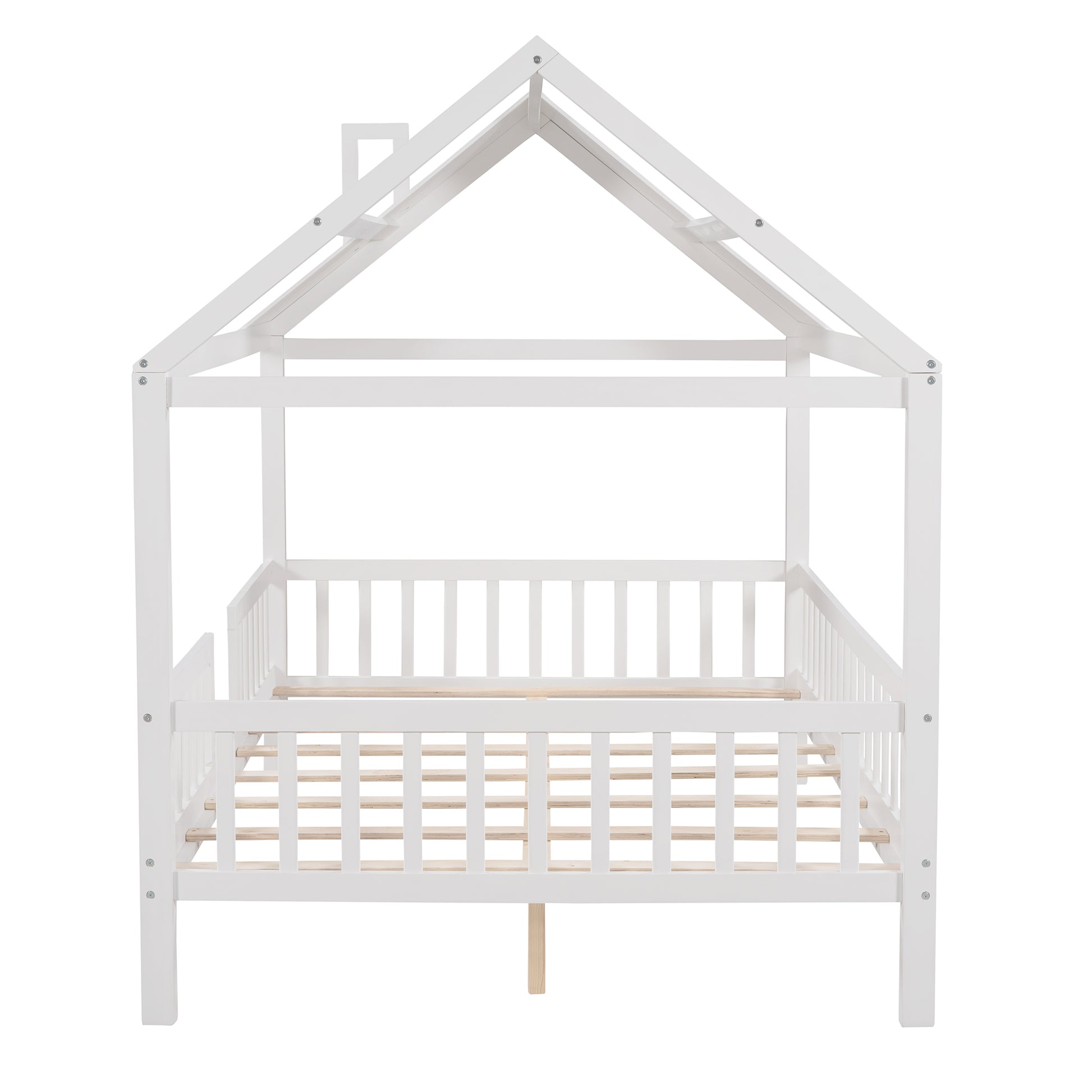 Full Size Wood House Bed With Fence, White White Solid Wood
