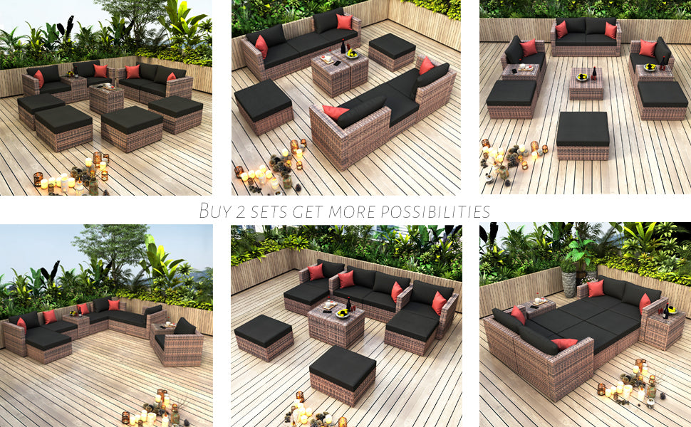 10 Pieces Outdoor Patio Garden Brown Wicker Sectional Conversation Sofa Set With Black Cushions And Red Pillows,W Furniture Protection Cover Yes Brown Seats 8 Mildew Resistant Frame Garden & Outdoor American Design Sectional Seating Groups Wicker Metal
