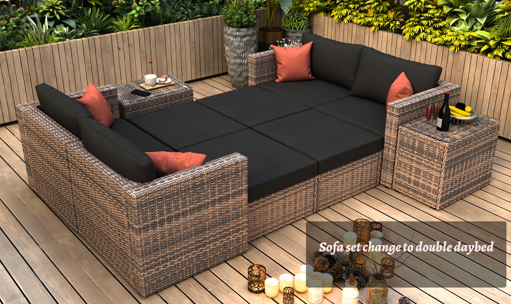 10 Pieces Outdoor Patio Garden Brown Wicker Sectional Conversation Sofa Set With Black Cushions And Red Pillows,W Furniture Protection Cover Yes Brown Seats 8 Mildew Resistant Frame Garden & Outdoor American Design Sectional Seating Groups Wicker Metal