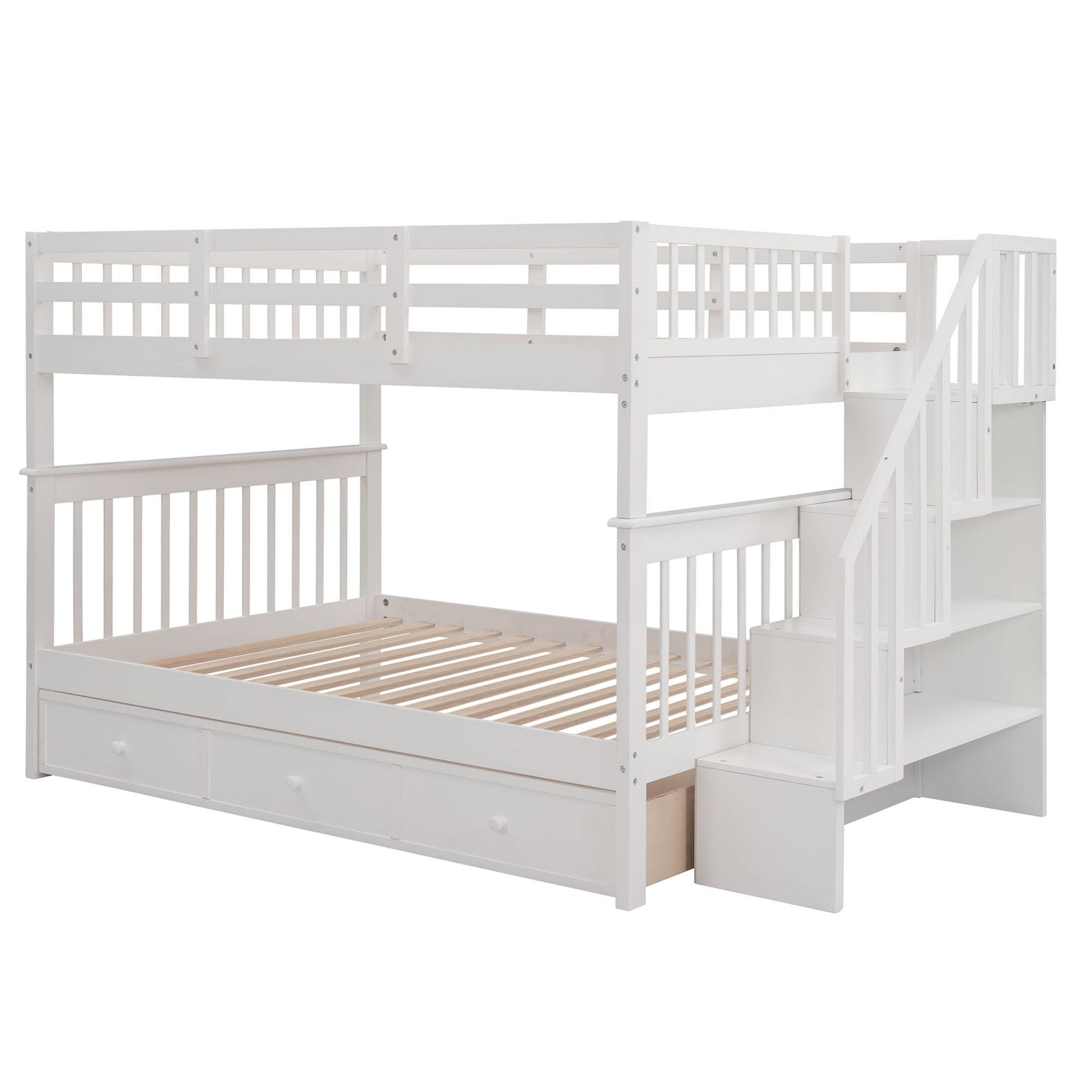 Stairway Full Over Full Bunk Bed With Drawer, Storage And Guard Rail For Bedroom, White Old Sku: Lp000310Aak White Solid Wood