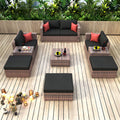 10 Pieces Outdoor Patio Garden Brown Wicker Sectional Conversation Sofa Set With Black Cushions And Red Pillows,W Furniture Protection Cover Yes Brown Seats 8 Mildew Resistant Frame Garden & Outdoor American Design Sectional Seating Groups Wicker Metal