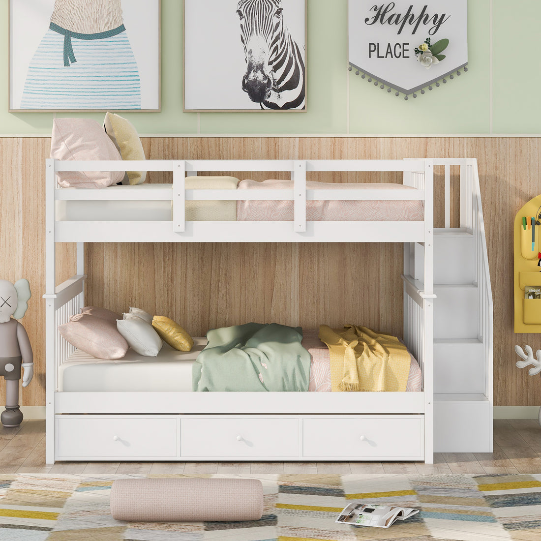 Stairway Full Over Full Bunk Bed With Drawer, Storage And Guard Rail For Bedroom, White Old Sku: Lp000310Aak White Solid Wood