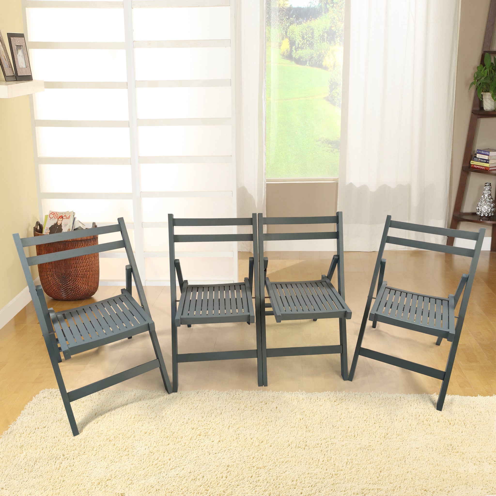 Furniture Slatted Wood Folding Special Event Chair Gray, Set Of 4, Folding Chair, Foldable Style Gray Solid Wood