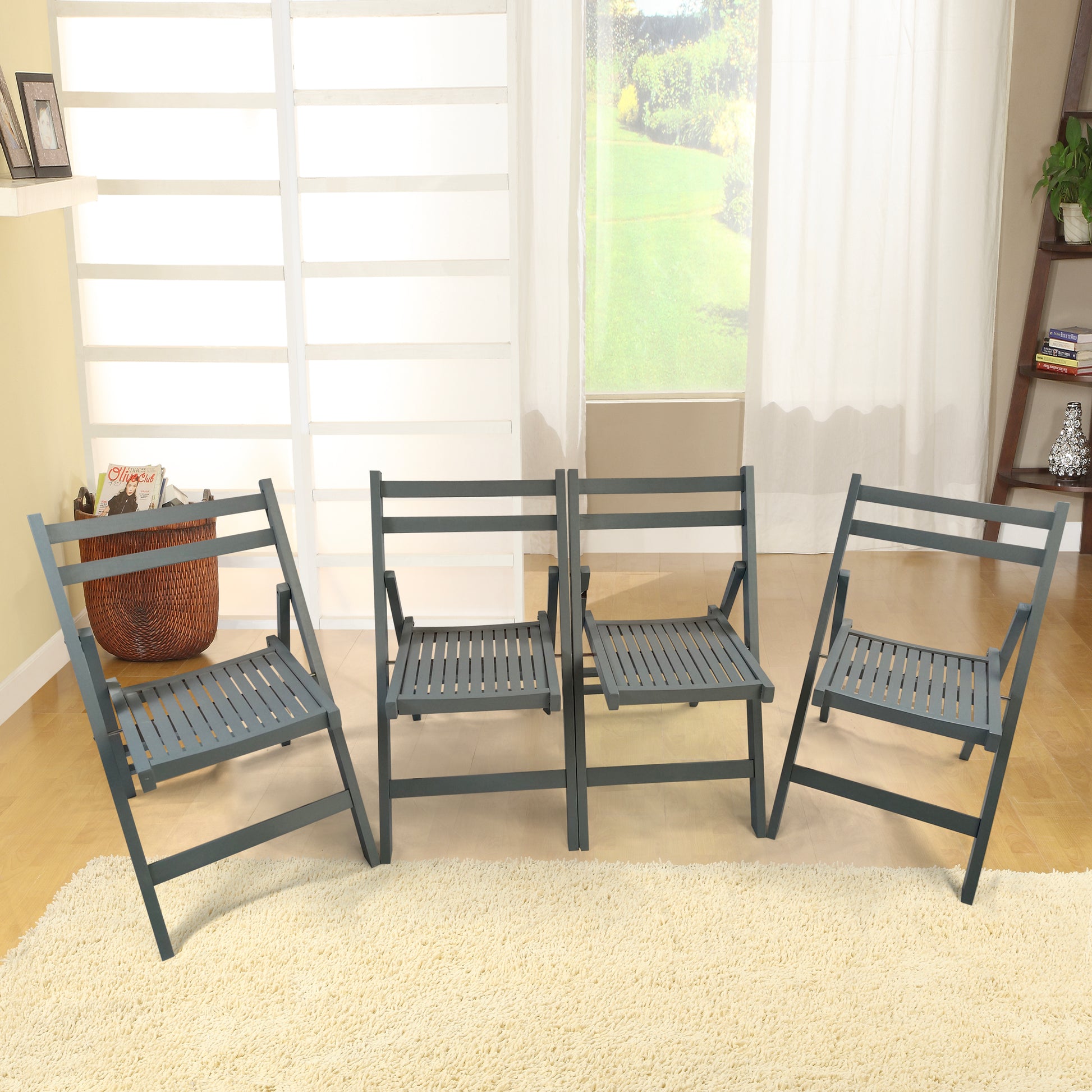 Furniture Slatted Wood Folding Special Event Chair Gray, Set Of 4, Folding Chair, Foldable Style Gray Solid Wood