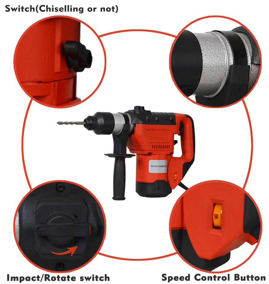 Rotary Hammer 1100W Red Black 1 1 2" Sds Plus Rotary Hammer Drill 3 Functions Black Red Metal