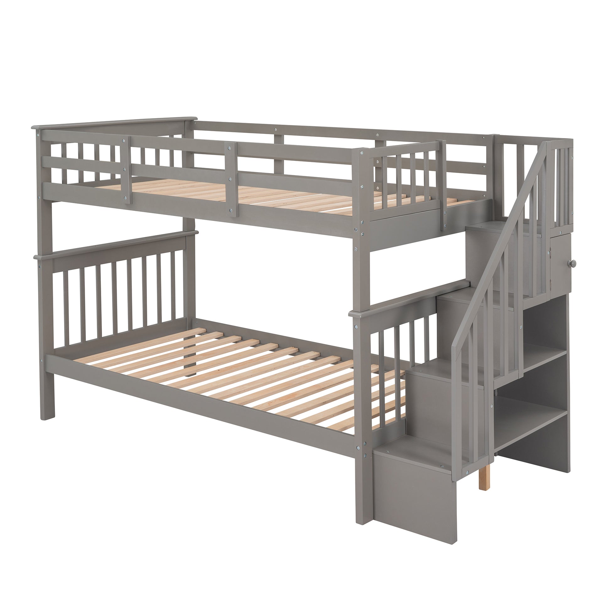 Stairway Twin Over Twin Bunk Bed With Storage And Guard Rail For Bedroom, Dorm, Gray Color Old Sku :Lp000109Aae Gray Solid Wood