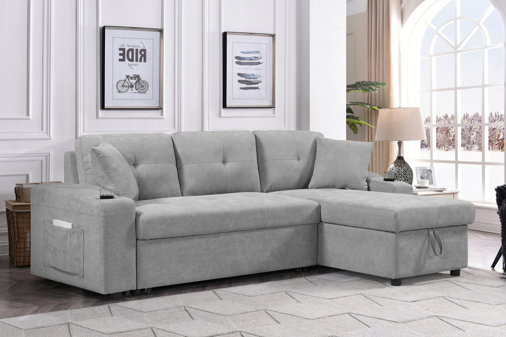 Mega Convertible Corner Sofa With Armrest Storage, Living Room And Apartment Sectional Sofa, Right Chaise Longue And Grey Grey Foam Fabric