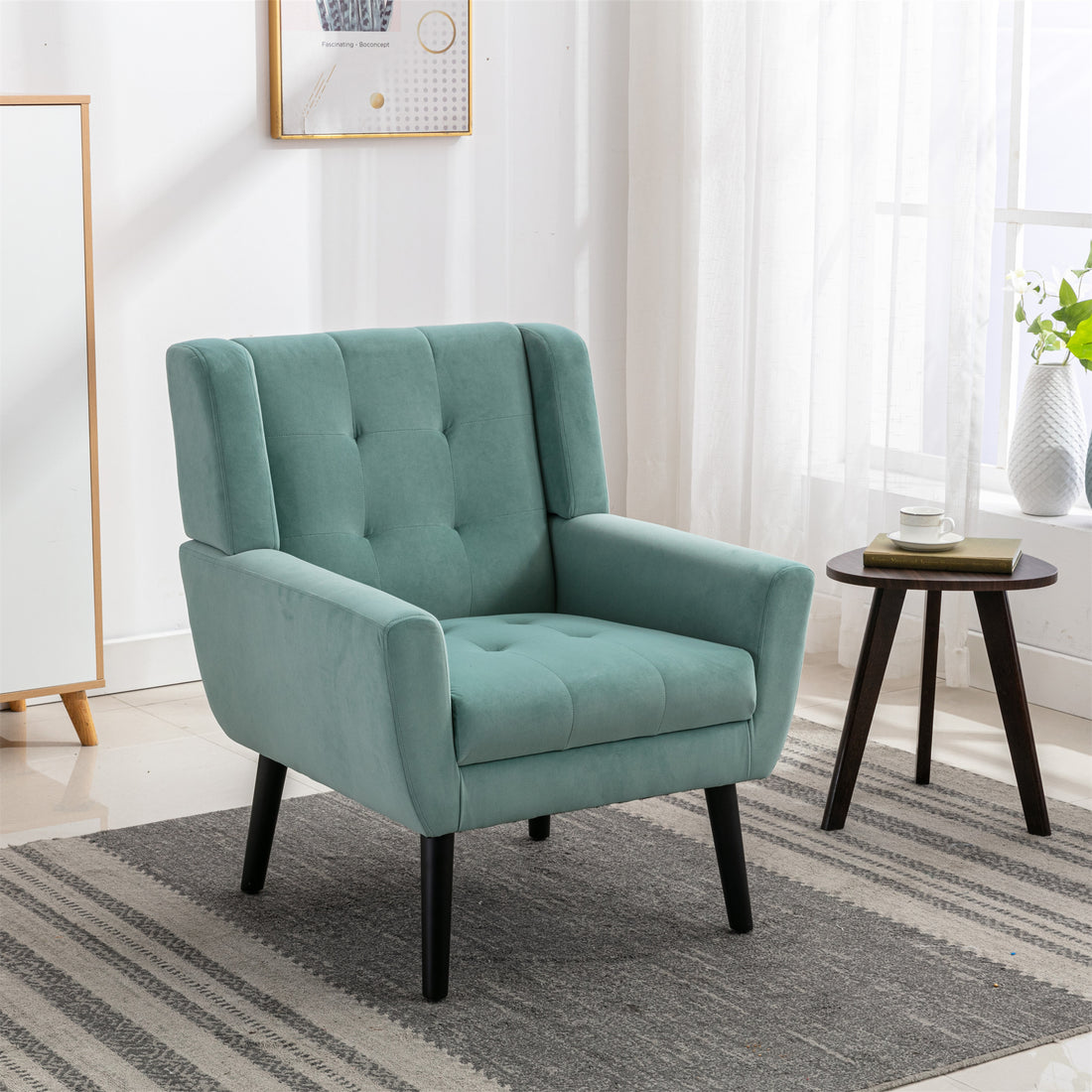 Modern Soft Velvet Material Ergonomics Accent Chair Living Room Chair Bedroom Chair Home Chair With Black Legs For Indoor Home Mint Green Foam Upholstered