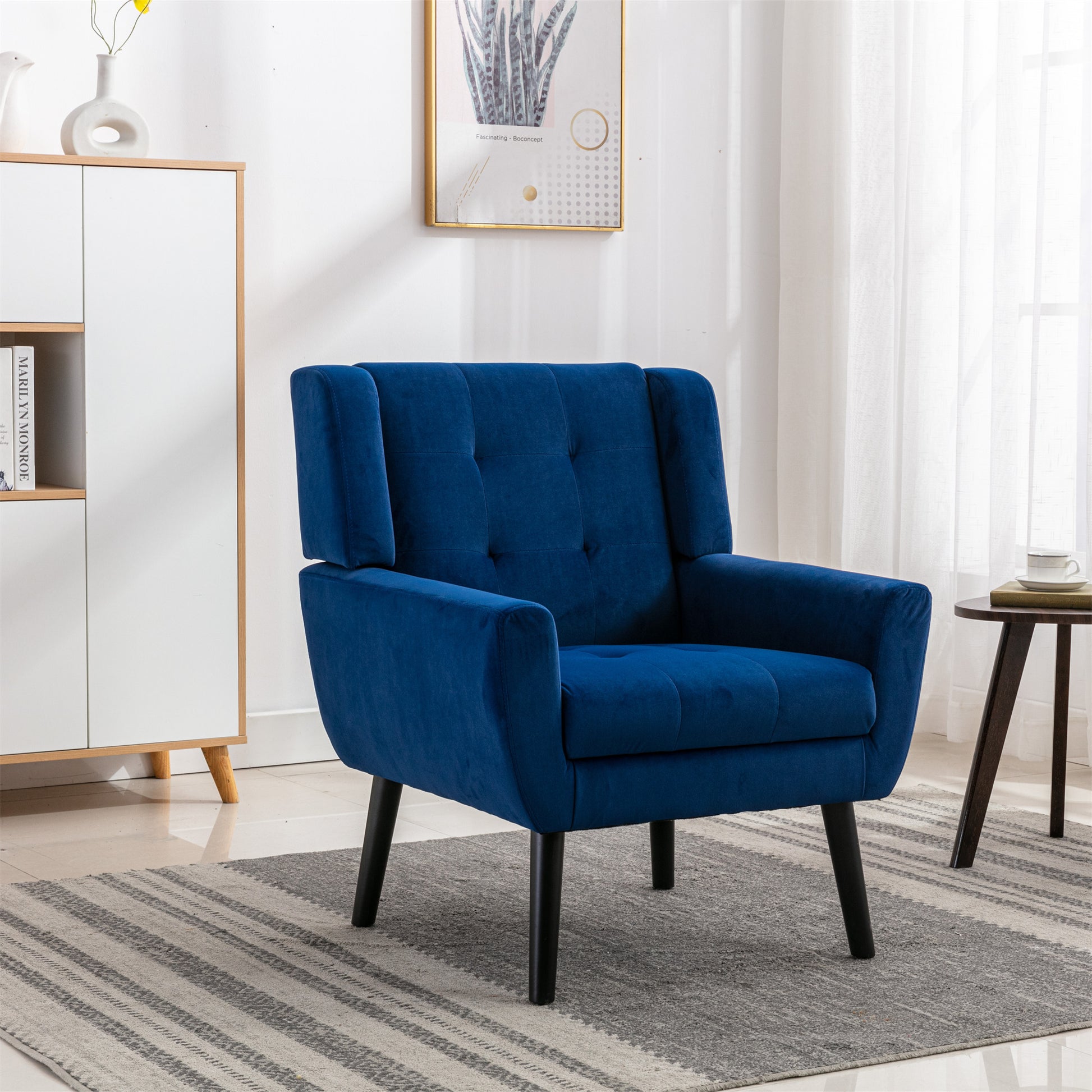 Modern Soft Velvet Material Ergonomics Accent Chair Living Room Chair Bedroom Chair Home Chair With Black Legs For Indoor Home Blue Foam Upholstered