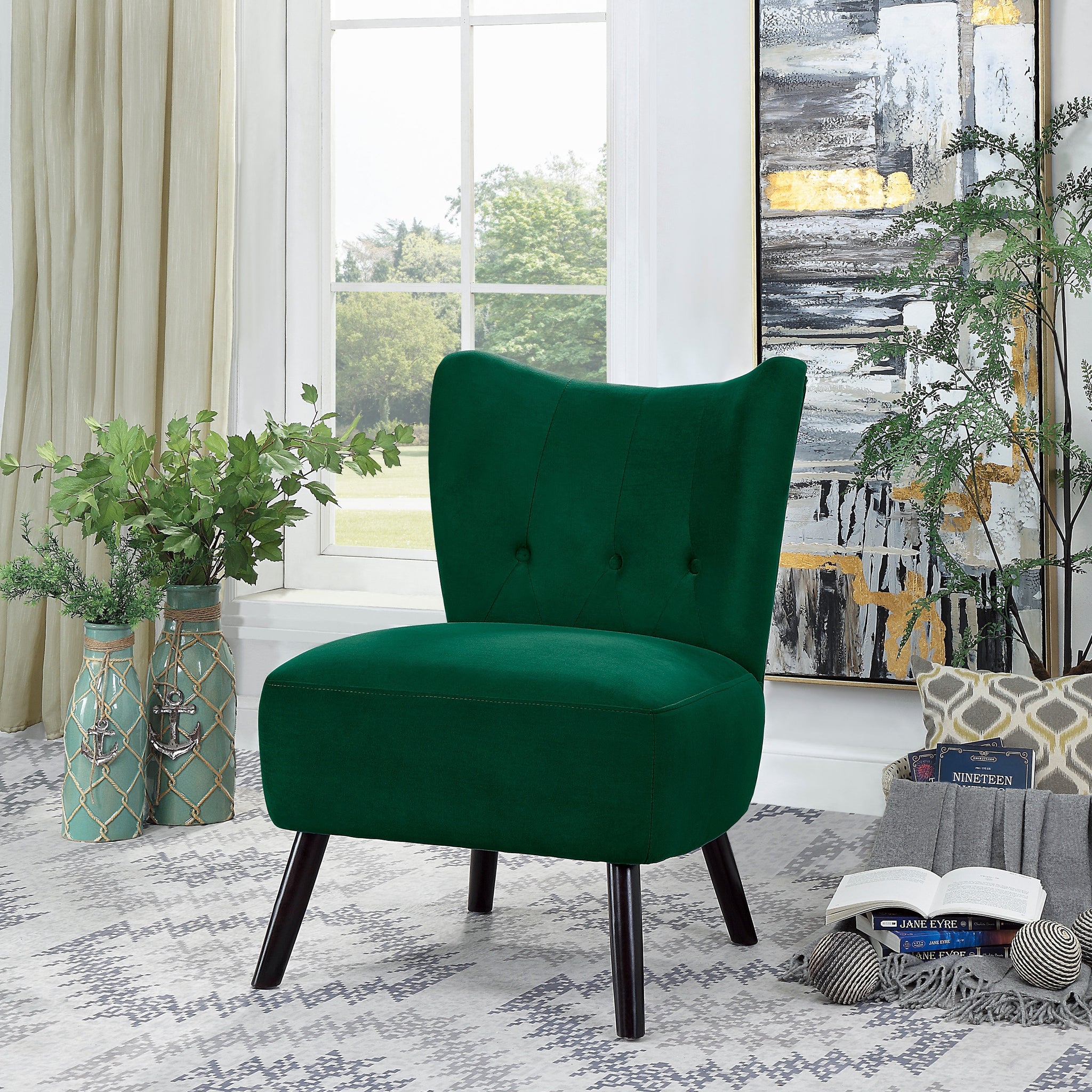 Unique Style Green Velvet Covering Accent Chair Button Tufted Back Brown Finish Wood Legs Modern Home Furniture Green Primary Living Space Modern,Retro Solid Wood