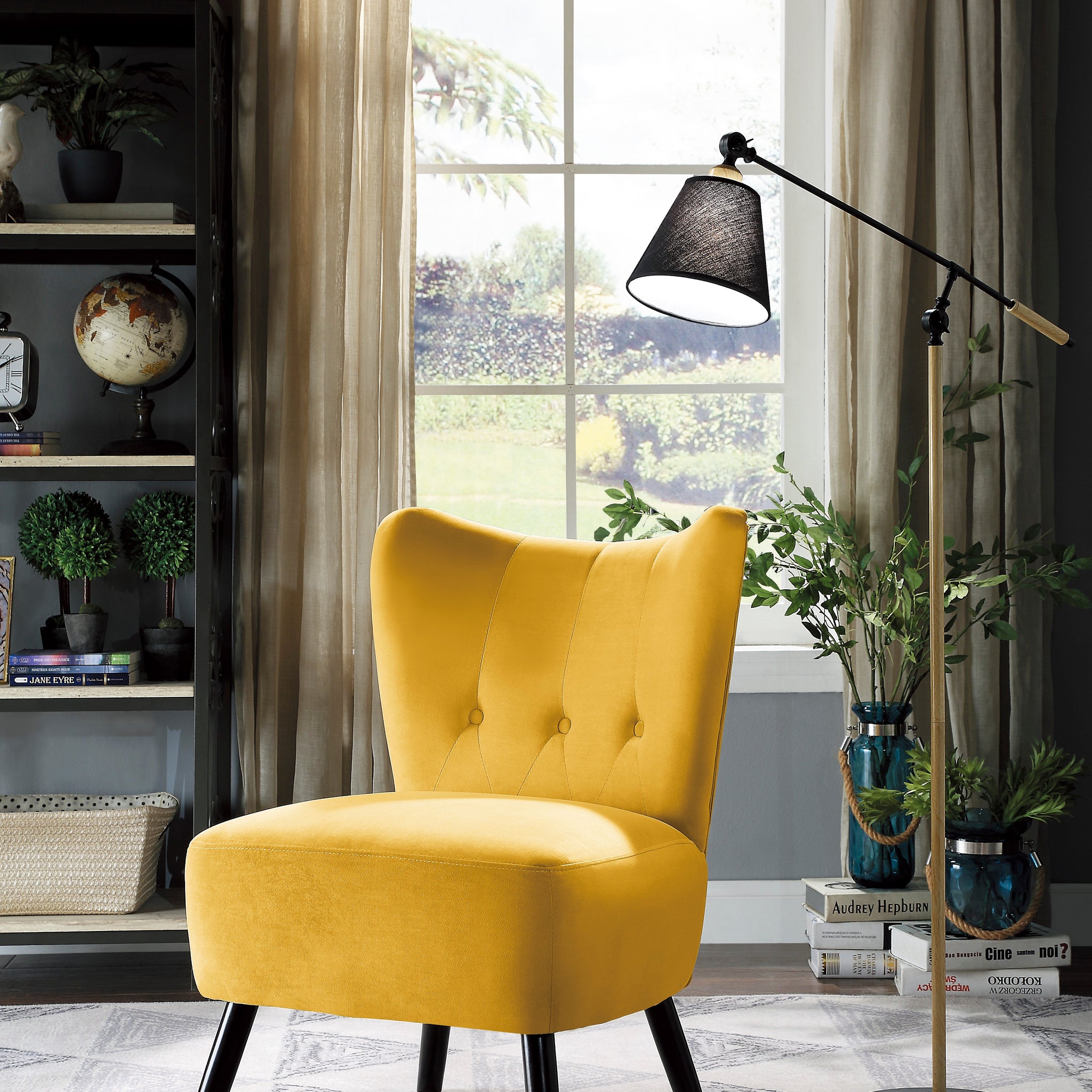 Unique Style Accent Chair Yellow Velvet Covering Button Tufted Back Brown Finish Wood Legs Modern Home Furniture Yellow Primary Living Space Modern,Retro Solid Wood