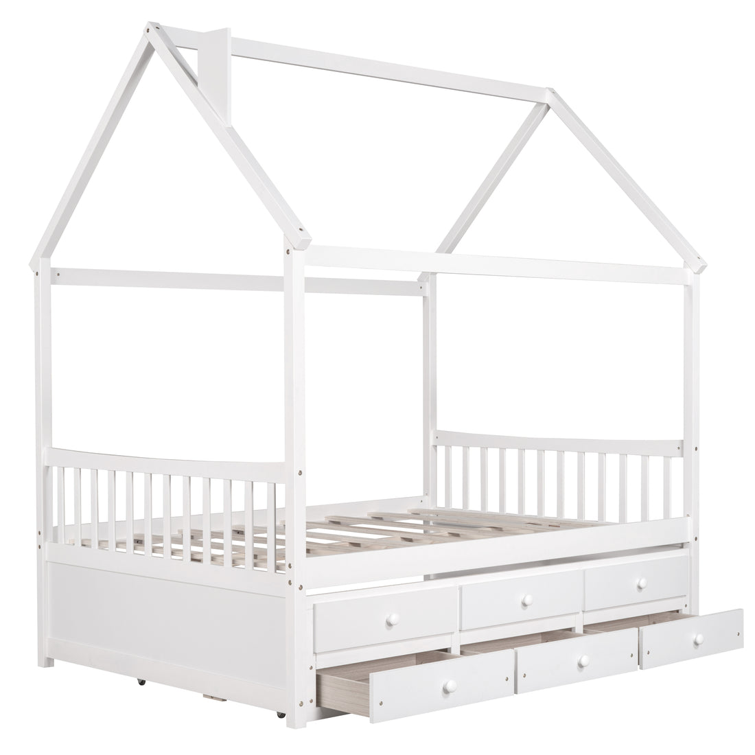 Full Size Wooden House Bed With Trundle And 3 Storage Drawers White White Solid Wood