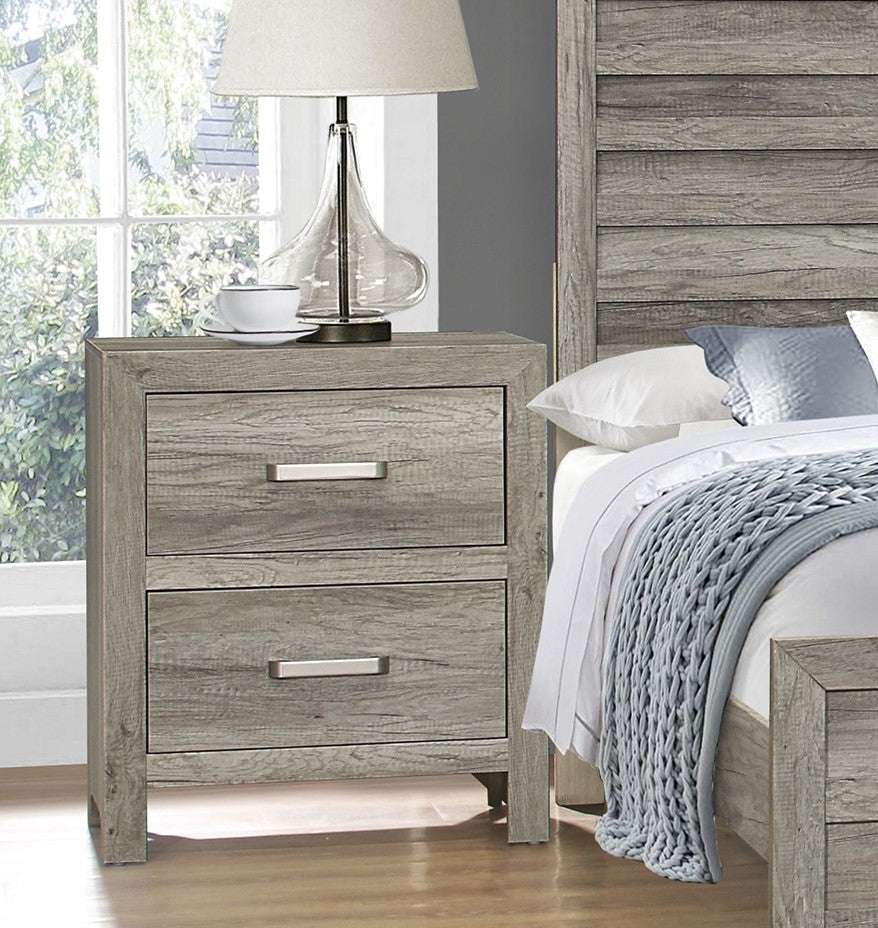 Transitional Aesthetic Bedroom Nightstand Faux Wood Veneer Weathered Gray Finish Nickel Hardware Bed Side Table Gray 2 Drawers Bedroom Transitional Wood