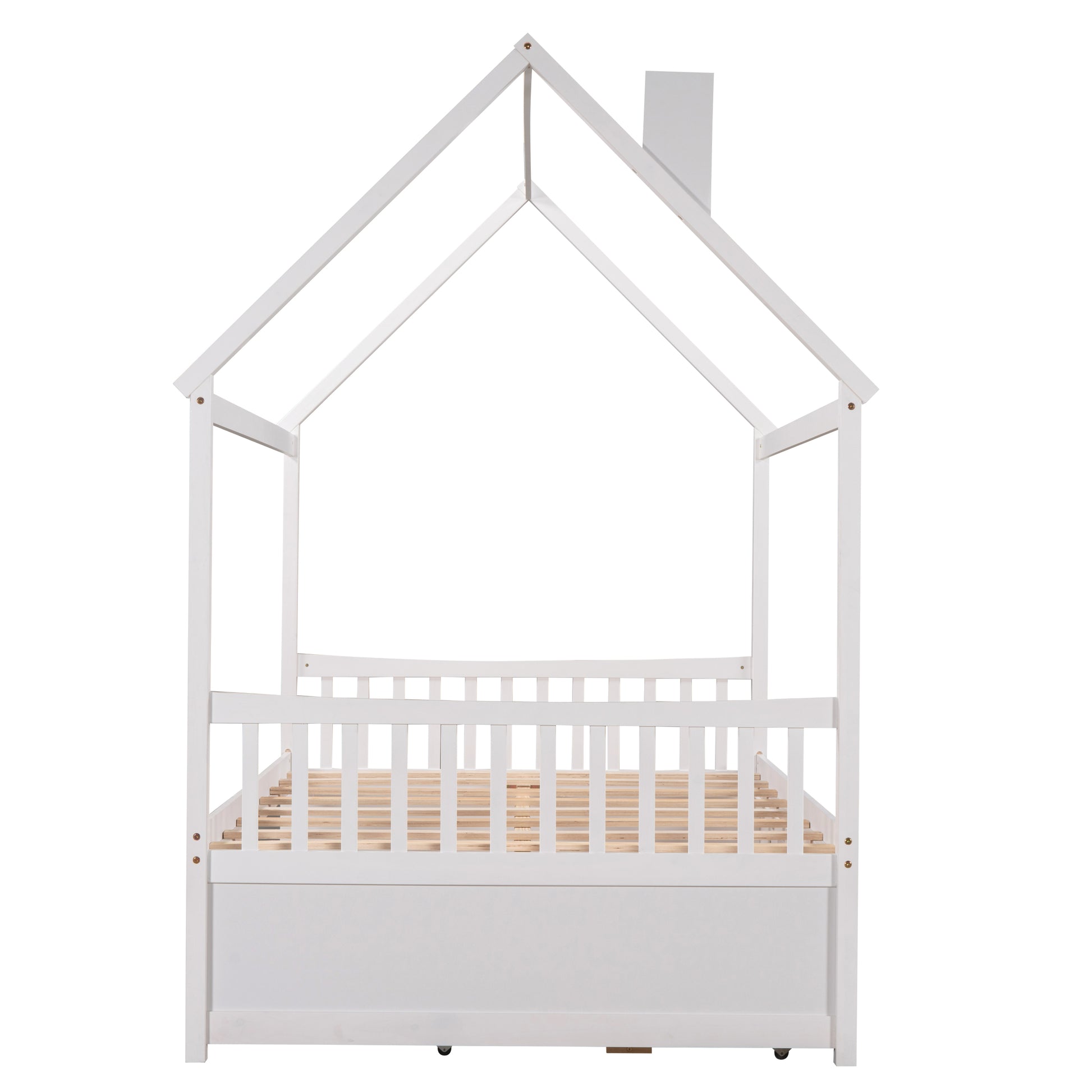Full Size Wooden House Bed With Trundle And 3 Storage Drawers White White Solid Wood