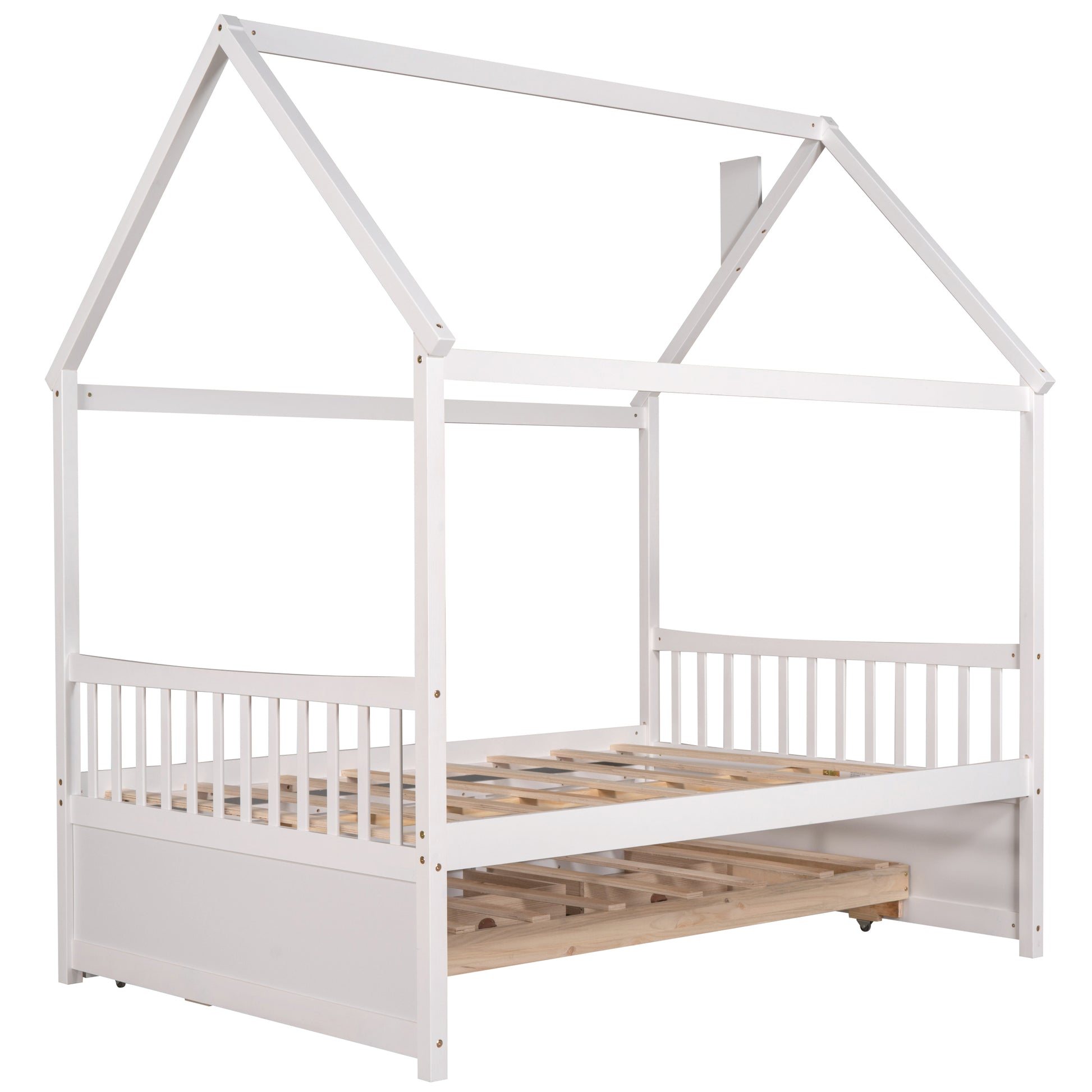 Full Size Wooden House Bed With Trundle And 3 Storage Drawers White White Solid Wood