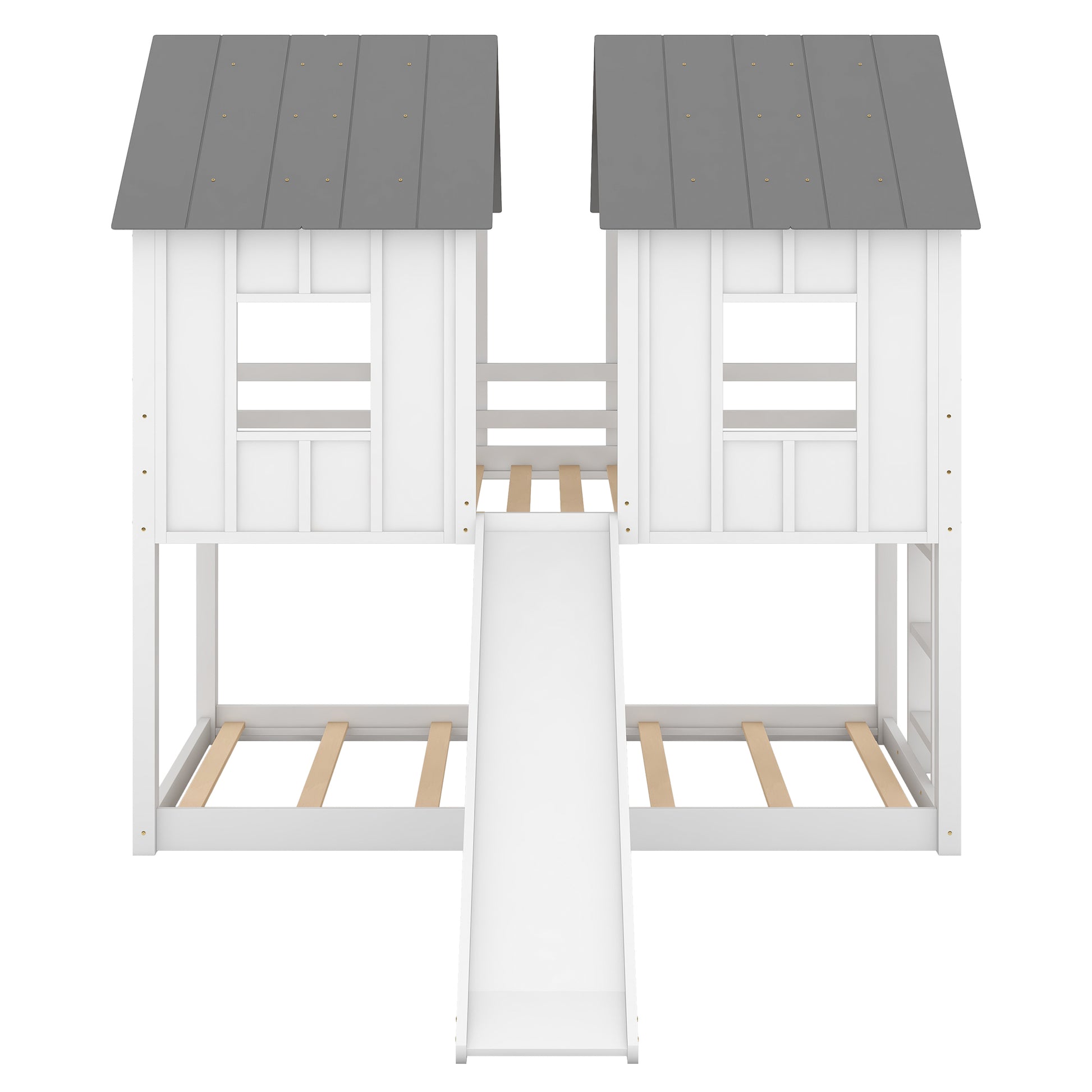 Twin Over Twin House Bunk Bed With Slide And Windows,White Old Sku:Gx000920Aak 1 White Pine
