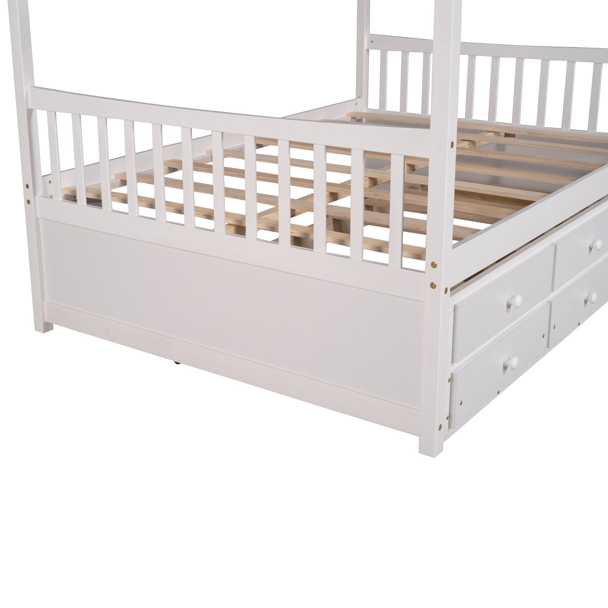 Full Size Wooden House Bed With Trundle And 3 Storage Drawers White White Solid Wood