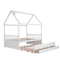 Full Size Wooden House Bed With Trundle And 3 Storage Drawers White White Solid Wood