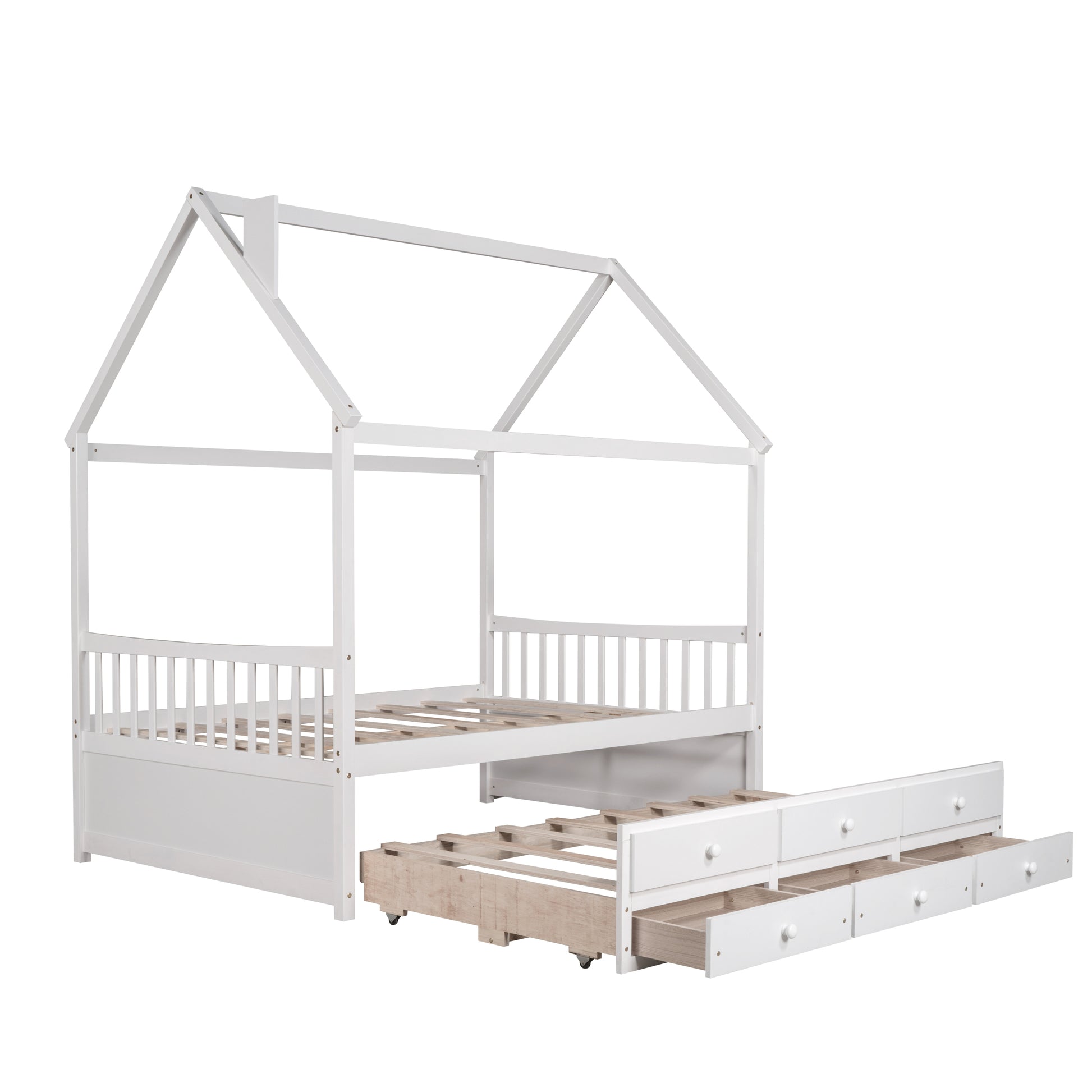 Full Size Wooden House Bed With Trundle And 3 Storage Drawers White White Solid Wood