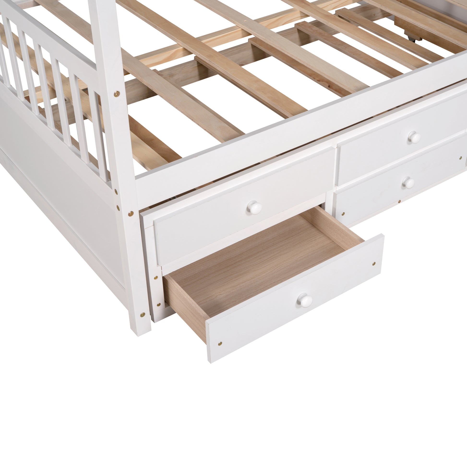 Full Size Wooden House Bed With Trundle And 3 Storage Drawers White White Solid Wood