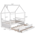 Full Size Wooden House Bed With Trundle And 3 Storage Drawers White White Solid Wood